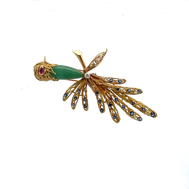 6.50 Carat Jade 1.38 Carat Sapphire 0.35 Carat Diamond Ruby 18K Yellow Gold Pin Brooch