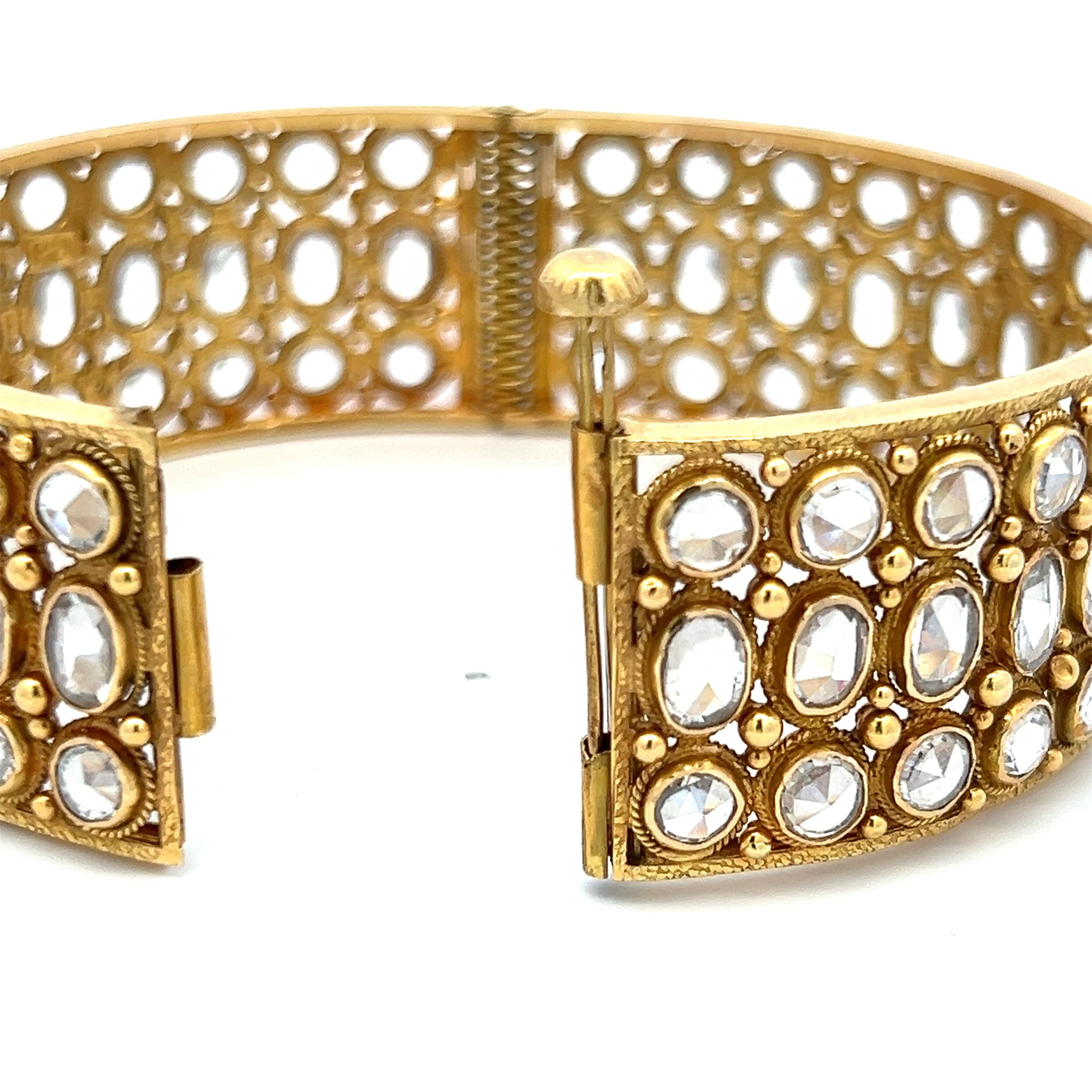 Vintage 18K Yellow Gold Bangle Bracelet with 11.5 Carat Rose Cut J SI1 Diamonds