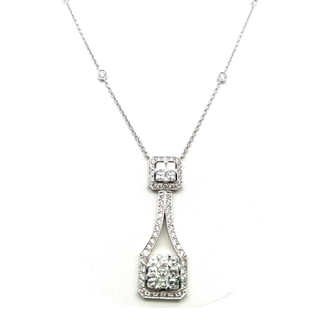 18K White Gold Pendant Necklace with 2.72 Carat Asscher & Round Diamonds