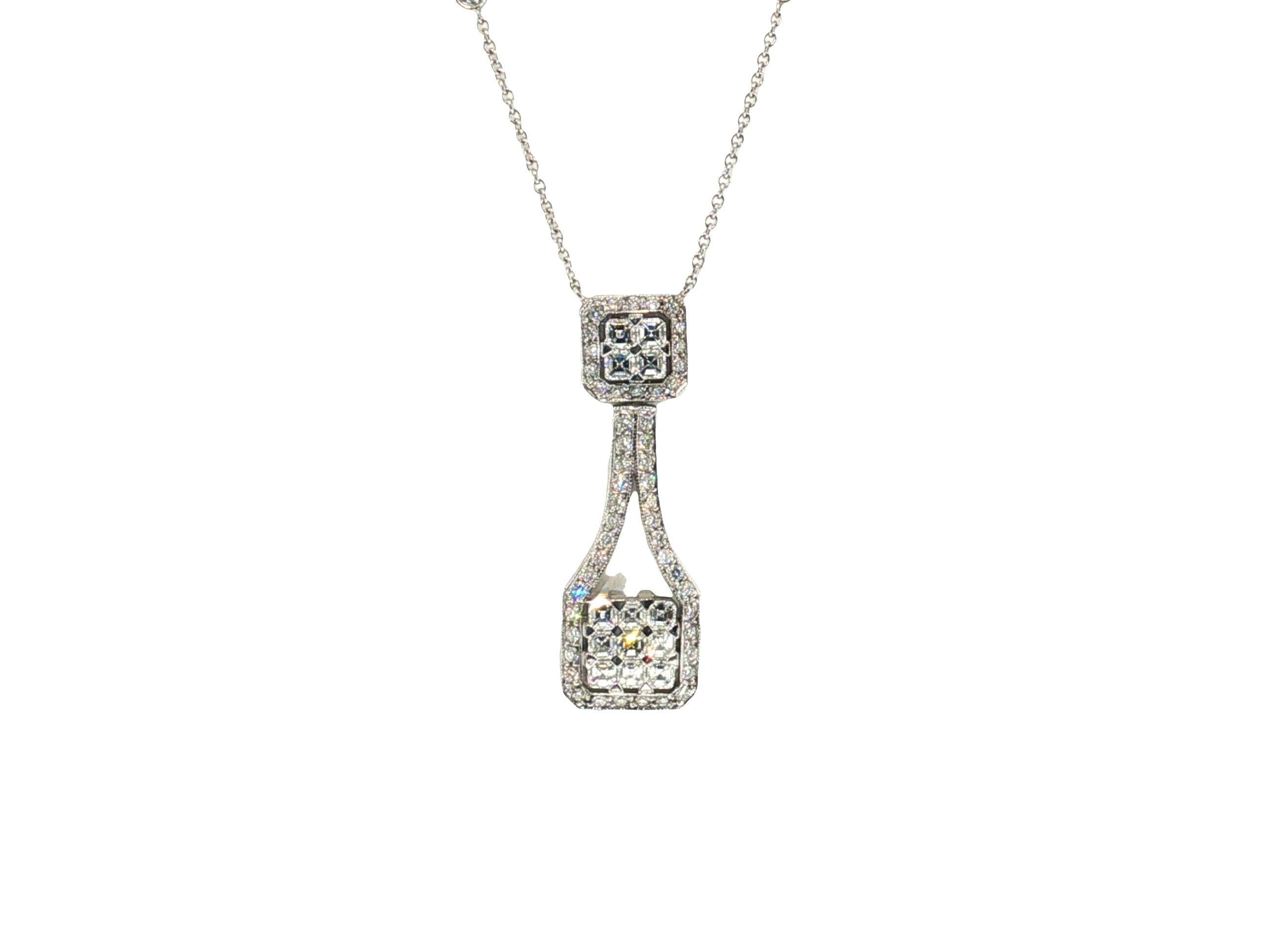 18K White Gold Pendant Necklace with 2.72 Carat Asscher & Round Diamonds