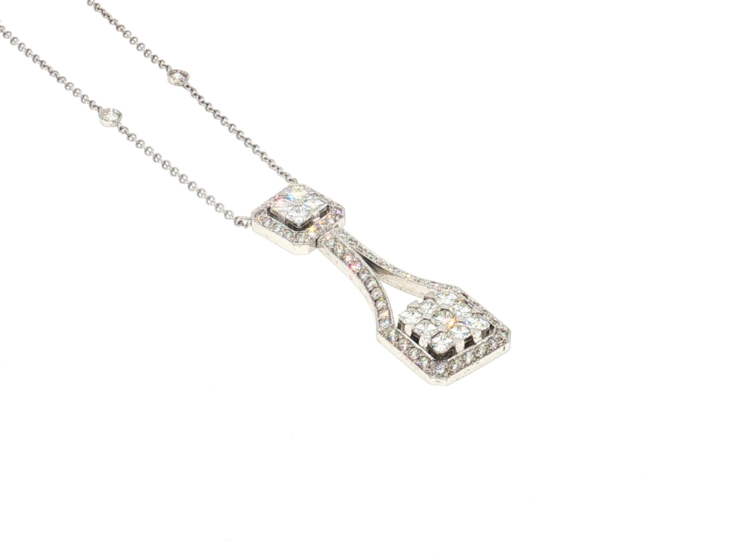 18K White Gold Pendant Necklace with 2.72 Carat Asscher & Round Diamonds