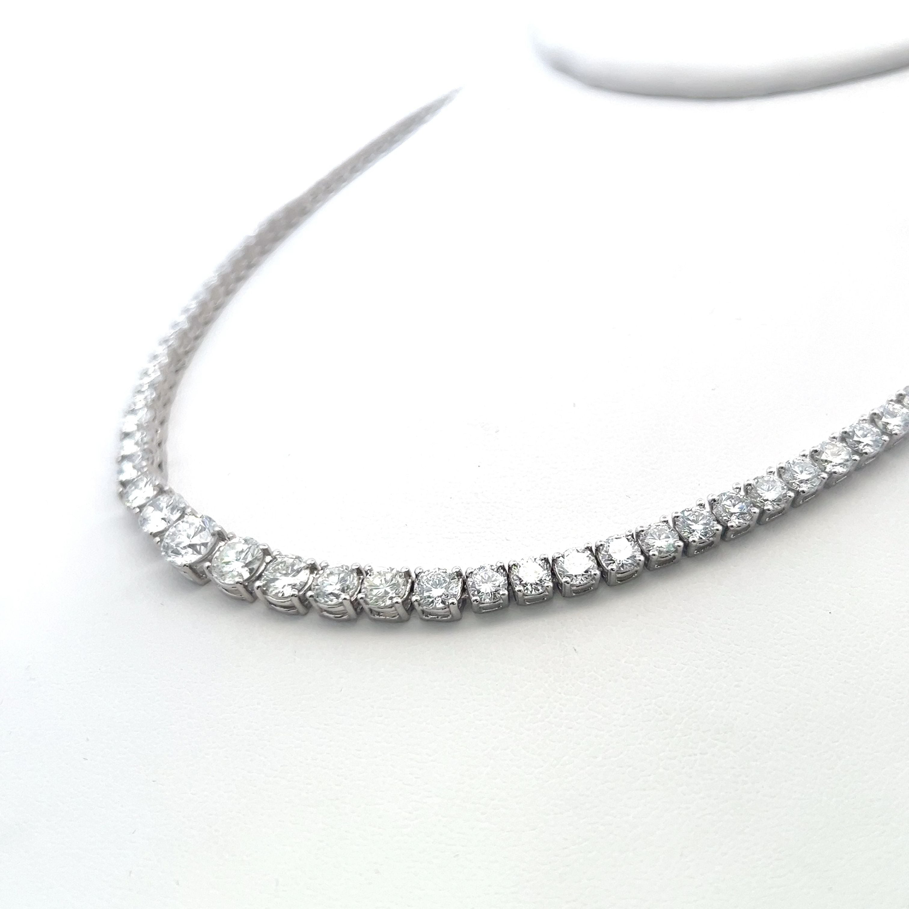 17.11 Carat Round Brilliant F I1 Diamond 18 Karat White Gold Riviera Tennis Necklace