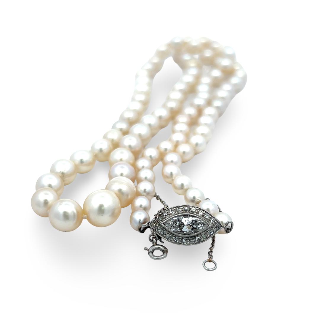 14K WG Beaded Necklace 0.6ct Marquis & Old European Diamonds 4.5-8.09mm Pearls