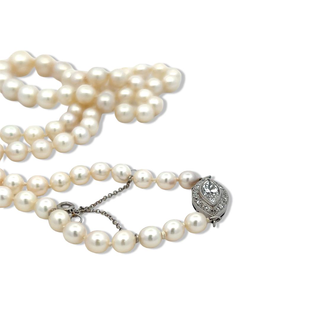 14K WG Beaded Necklace 0.6ct Marquis & Old European Diamonds 4.5-8.09mm Pearls