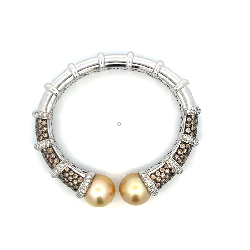 6.68 Carat Round Brilliant Diamond 1.00 Carat Pearl 18K White Gold Bangle Bracelet