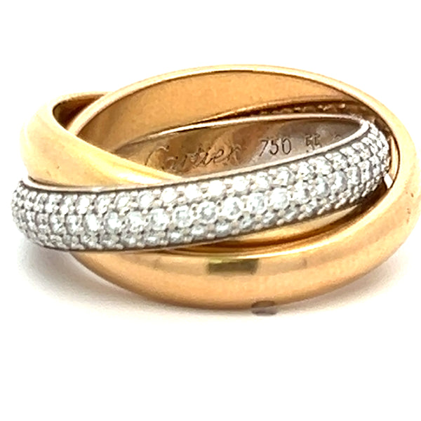 Cartier 0.75 Carat Round Brilliant Diamond 18 Karat Tri Color Gold Trinity Ring