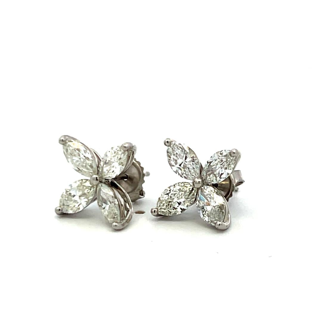 New 14K White Gold Stud Earrings with 3.05 Carat Marquis H VS1 Diamonds