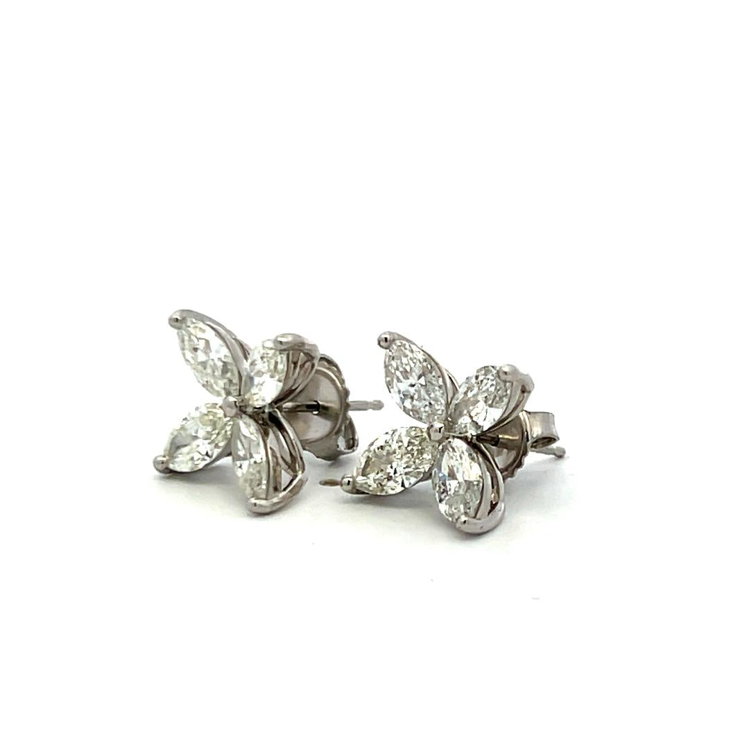 3.05ct Marquise Diamond Floral Stud Earrings in 14K White Gold H VS1