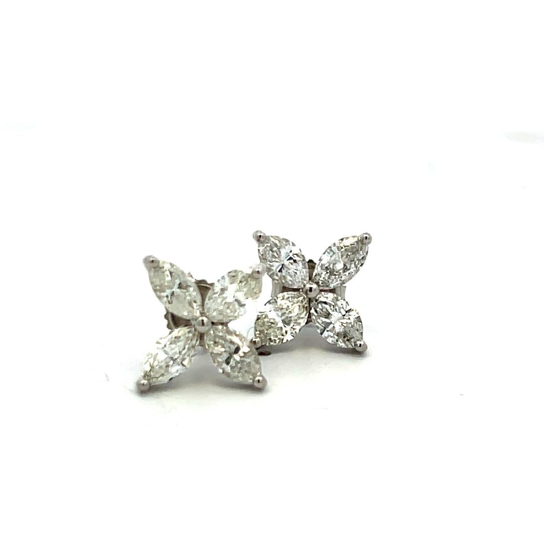 New 14K White Gold Stud Earrings with 3.05 Carat Marquis H VS1 Diamonds