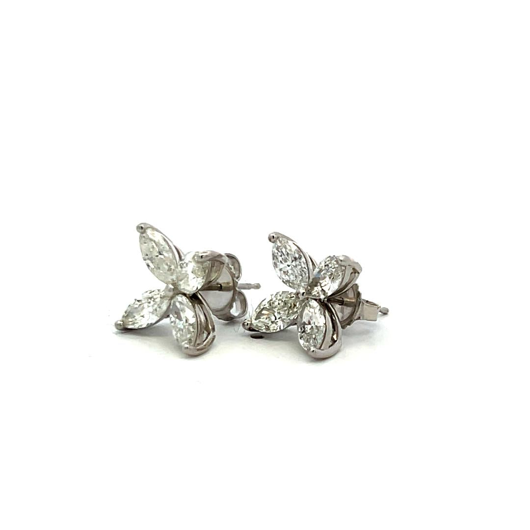 New 14K White Gold Stud Earrings with 3.05 Carat Marquis H VS1 Diamonds