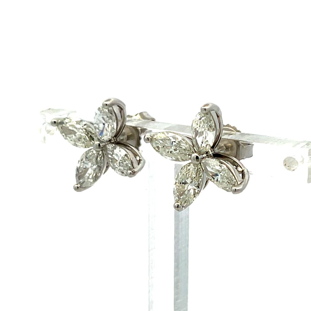3.05ct Marquise Diamond Floral Stud Earrings in 14K White Gold H VS1