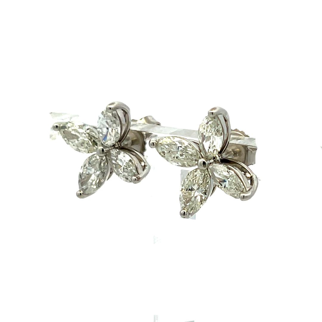 New 14K White Gold Stud Earrings with 3.05 Carat Marquis H VS1 Diamonds