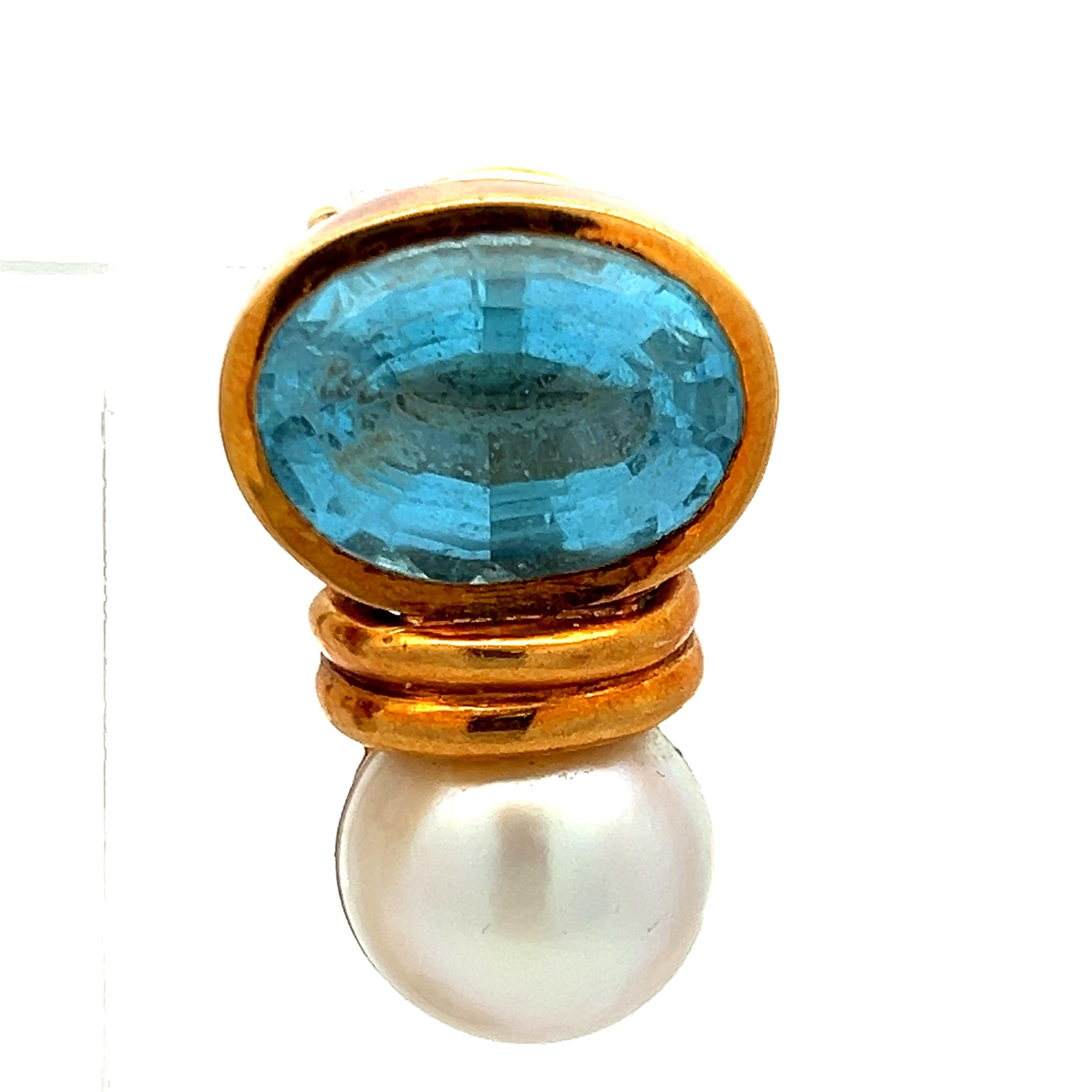 18 Karat Yellow Gold Clip On Earrings with 22.5ct Oval Aqua Marine & Pearls