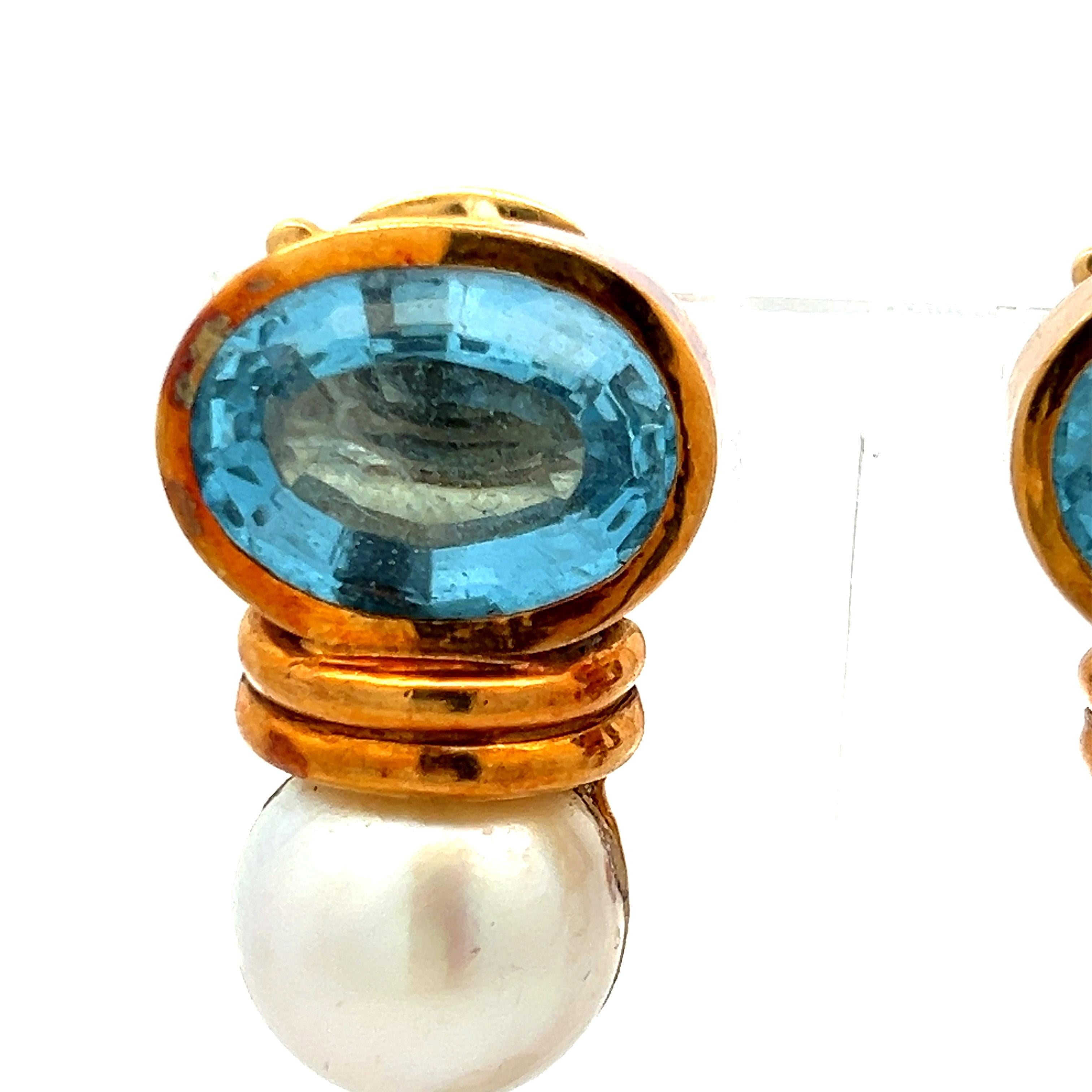 18 Karat Yellow Gold Clip On Earrings with 22.5ct Oval Aqua Marine & Pearls