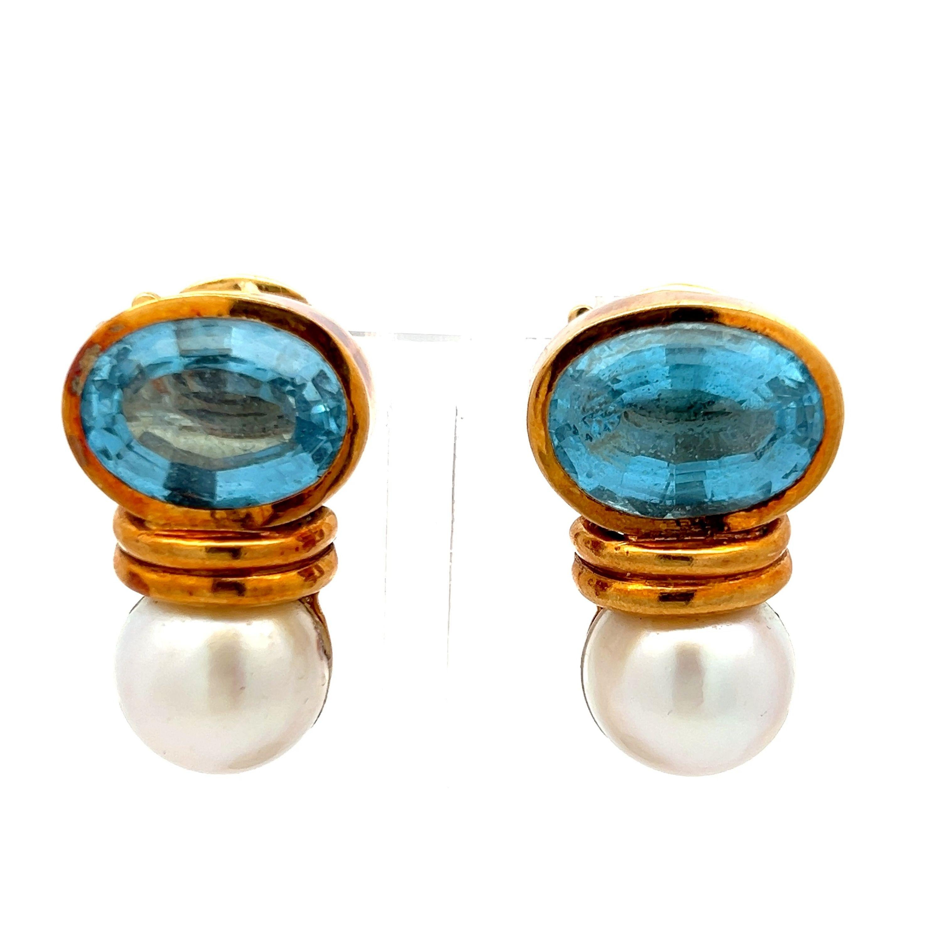 18 Karat Yellow Gold Clip On Earrings with 22.5ct Oval Aqua Marine & Pearls