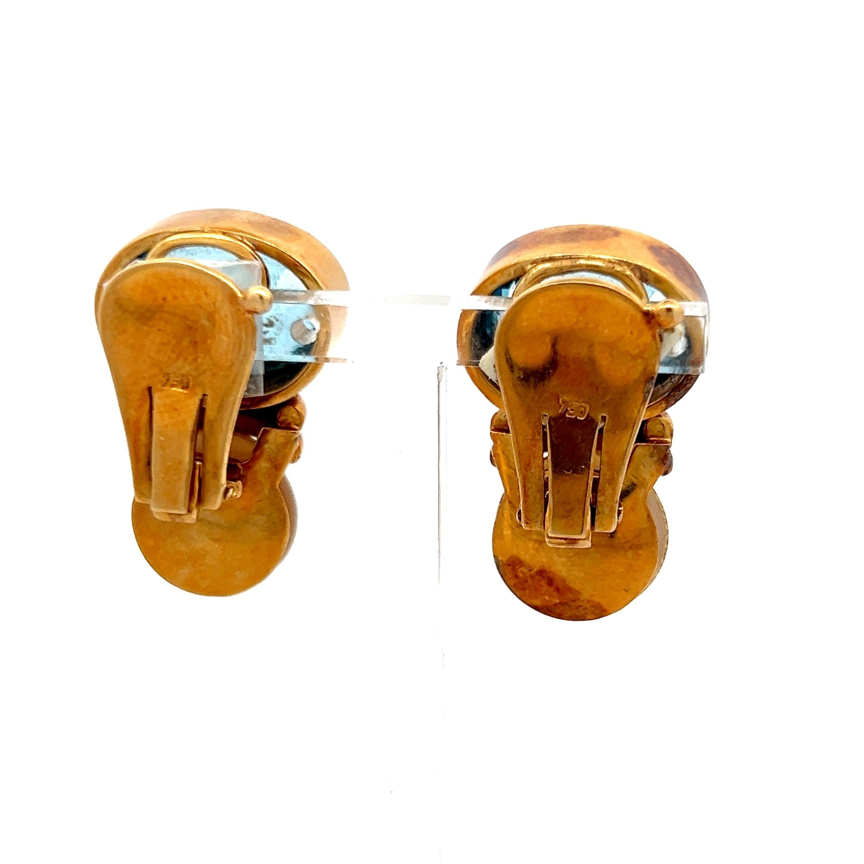 18 Karat Yellow Gold Clip On Earrings with 22.5ct Oval Aqua Marine & Pearls