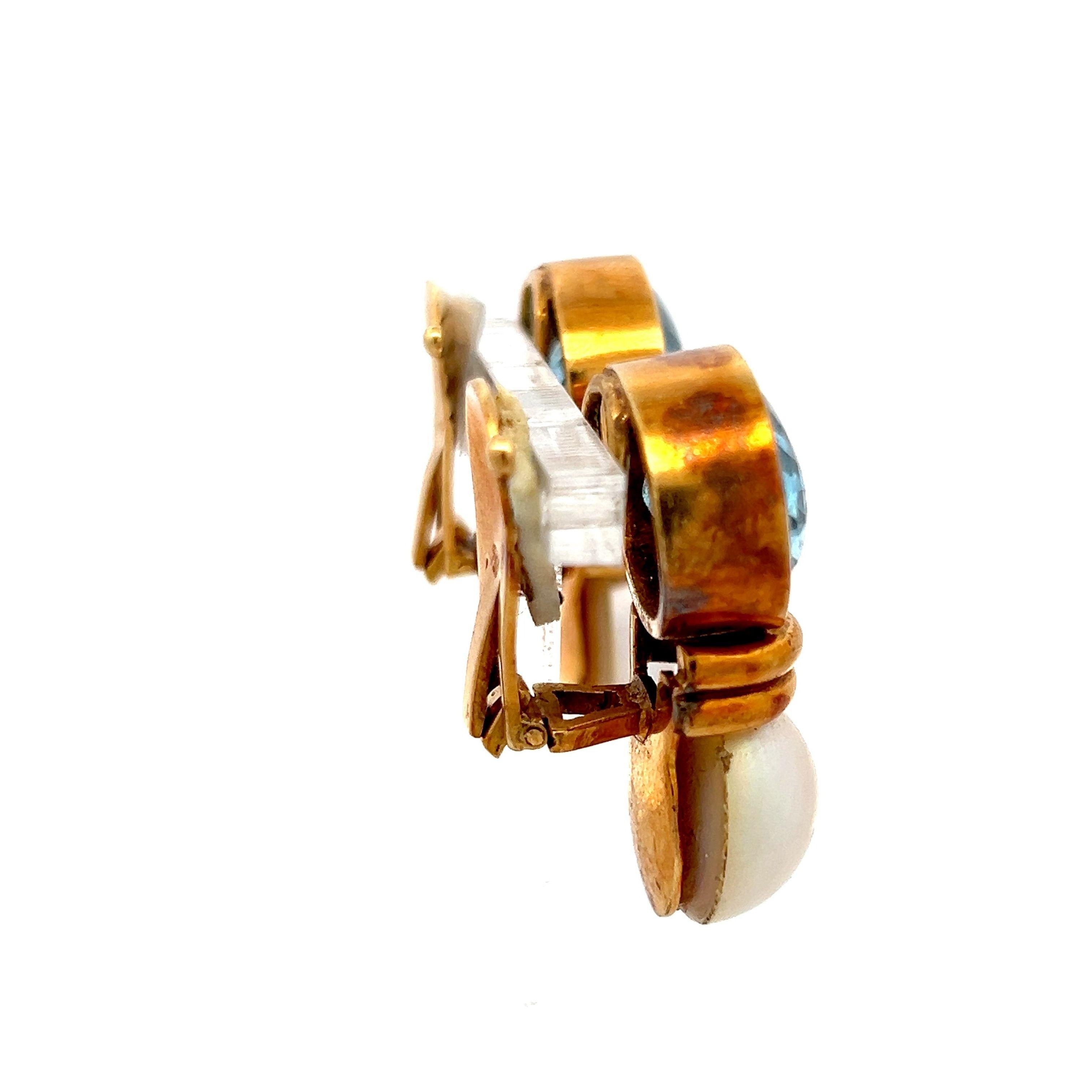 18 Karat Yellow Gold Clip On Earrings with 22.5ct Oval Aqua Marine & Pearls