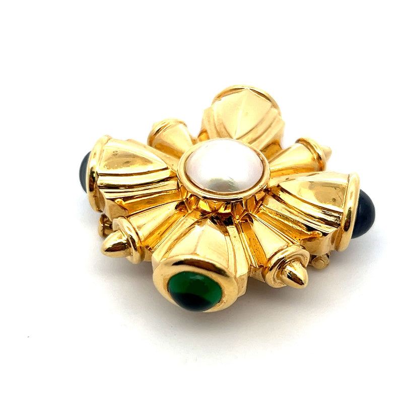 3.00 Carat Emerald 3.00 Carat Sapphire 1.00 Carat 18 Karat Yellow Gold Pin Brooch