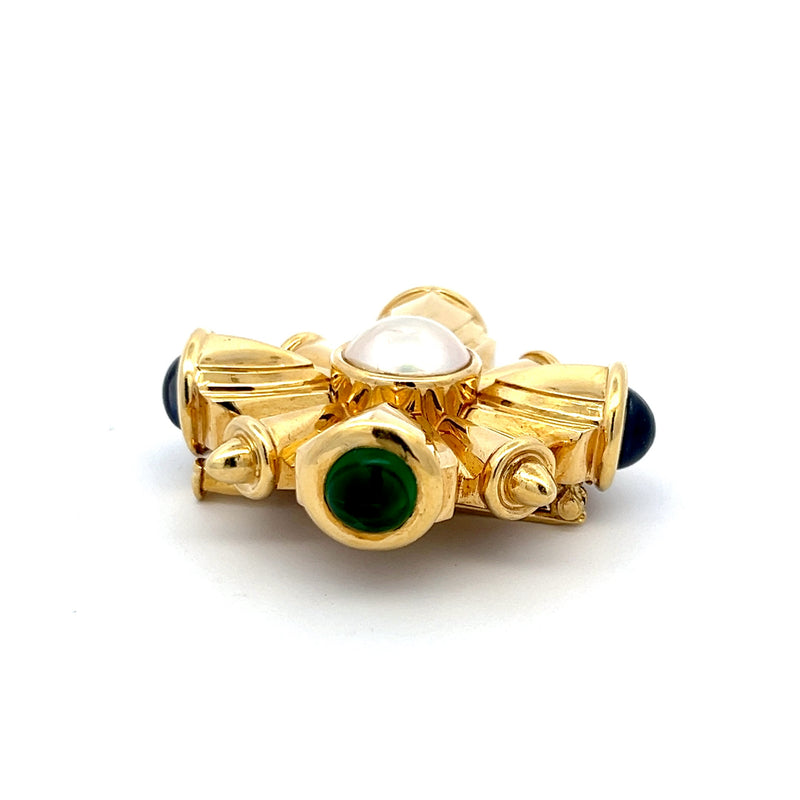 3.00 Carat Emerald 3.00 Carat Sapphire 1.00 Carat 18 Karat Yellow Gold Pin Brooch