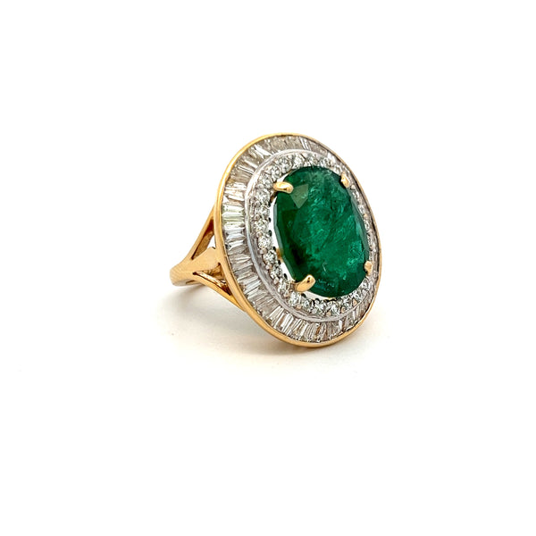 8.65 Carat Emerald 2.45 Carat Baguette and Round Diamond 18K YG Cocktail Ring