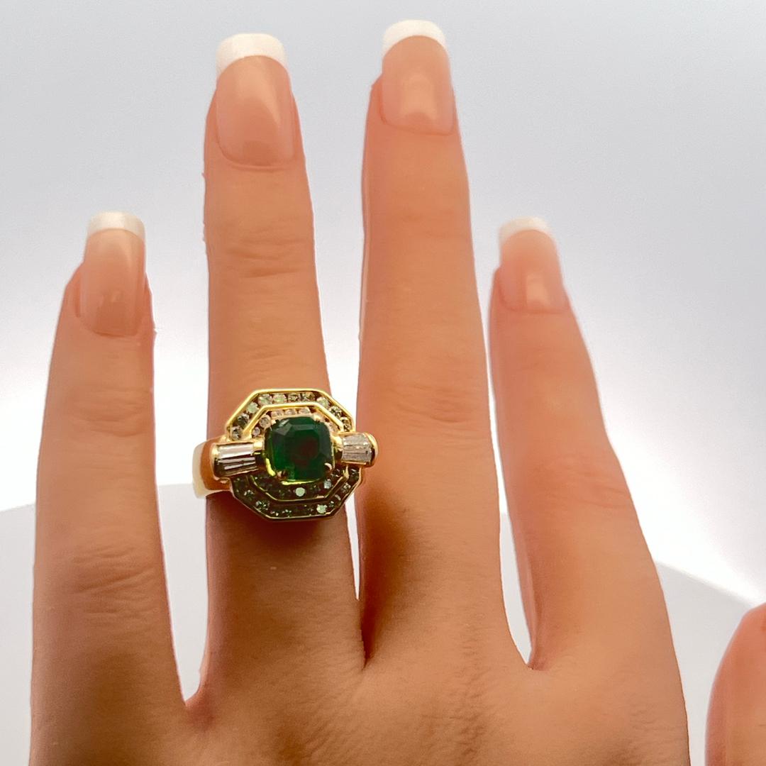 2.30ct Emerald & 1.40ct Diamond Art Deco 18K Yellow Gold Cocktail Ring