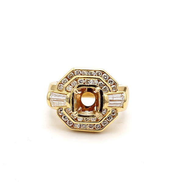 1.40 Carat Round and Baguette Shape Diamond 18K Yellow Gold Semi Mount Ring