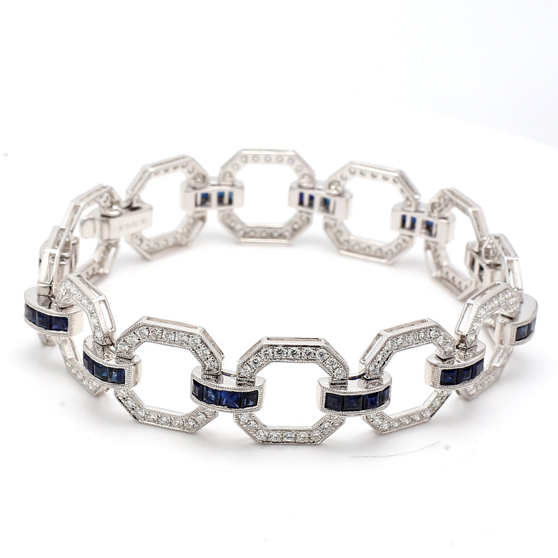 3.25 Carat Round Brilliant Diamond 2.50 Carat Sapphire 18K White Gold Link Bracelet