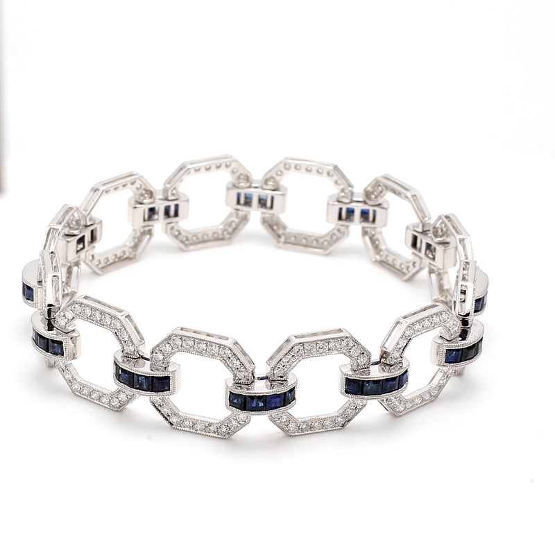 3.25 Carat Round Brilliant Diamond 2.50 Carat Sapphire 18K White Gold Link Bracelet