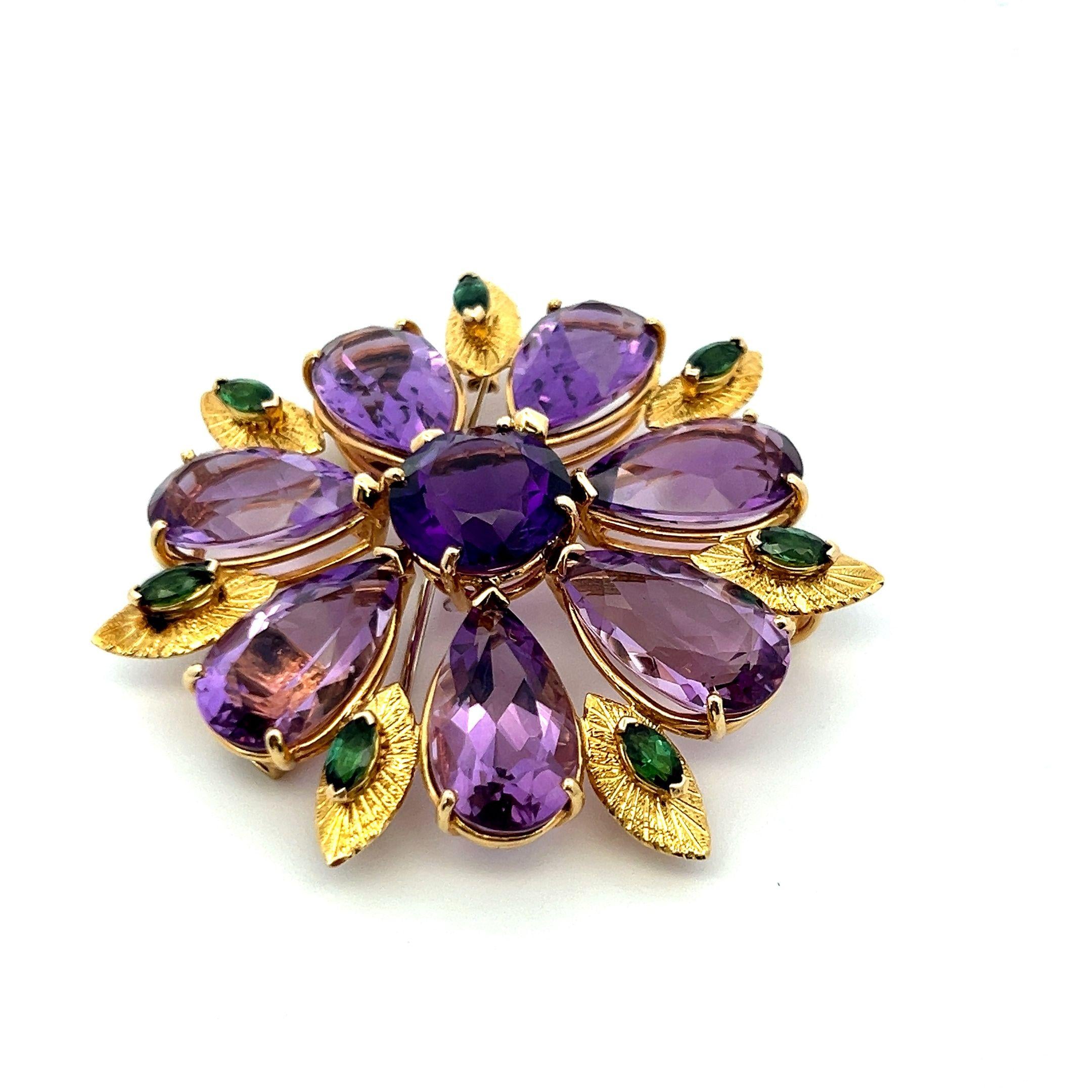 Vintage 18K Yellow Gold Pin Brooch with 50ct Amethyst and 1.4ct Tourmaline