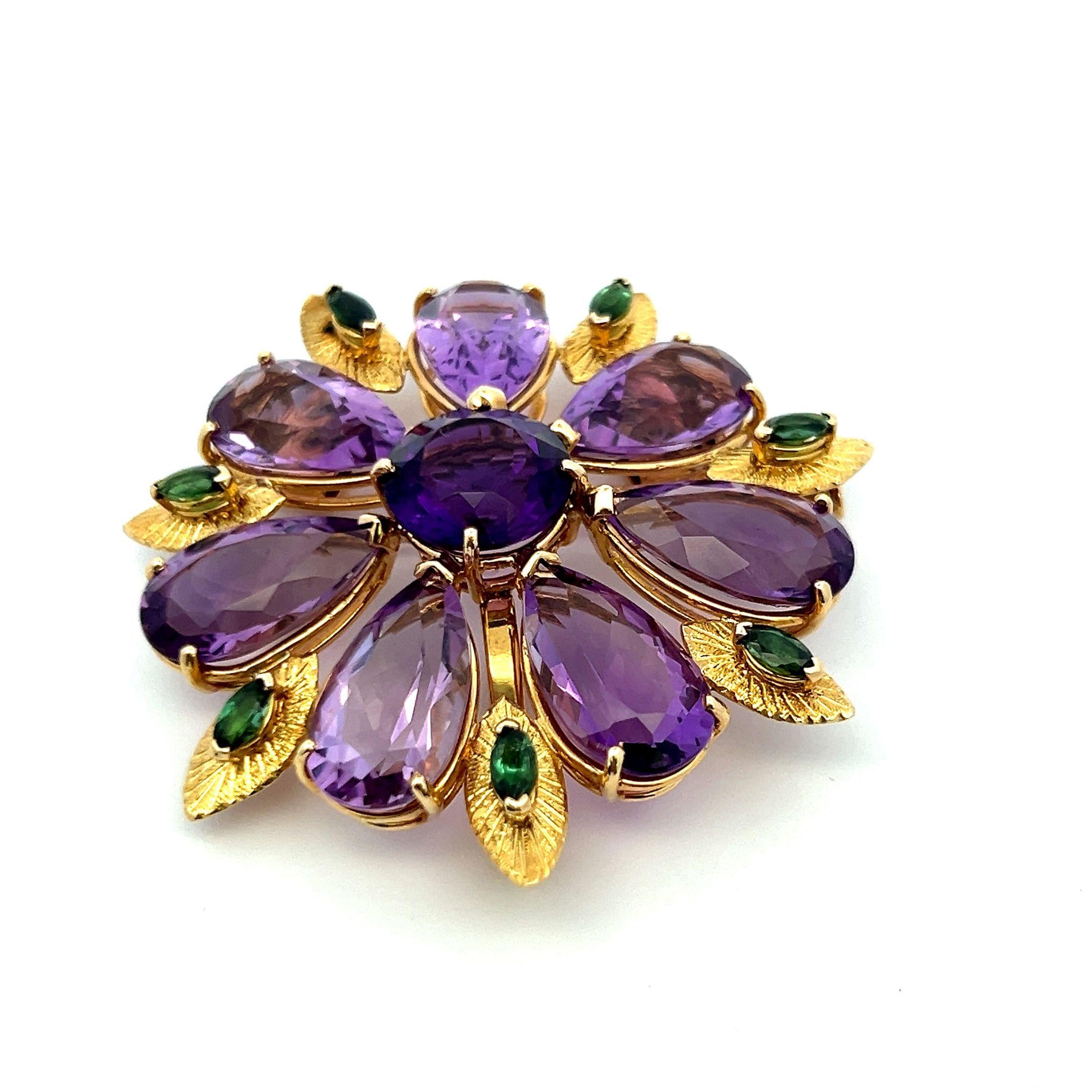 Vintage 18K Yellow Gold Pin Brooch with 50ct Amethyst and 1.4ct Tourmaline