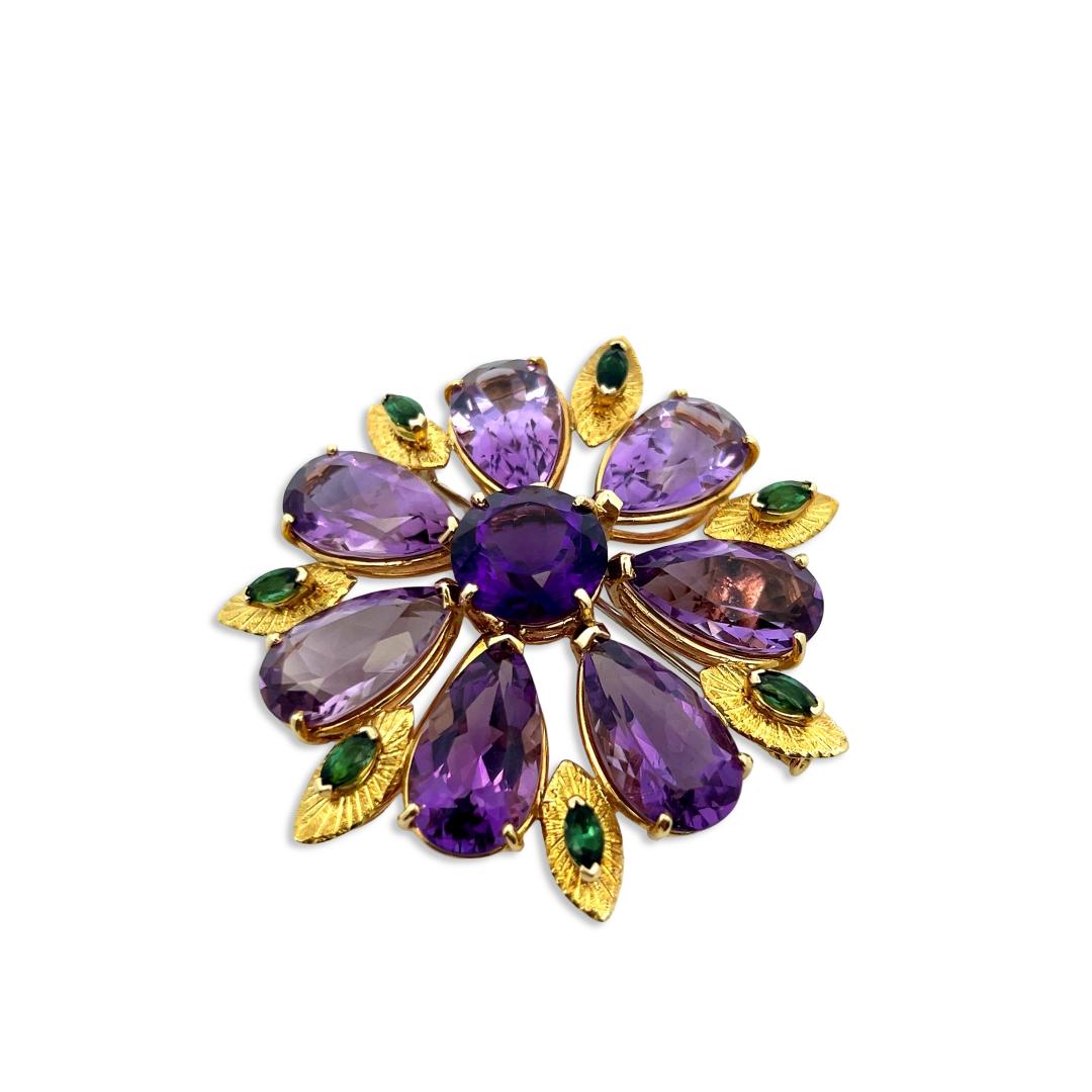 Vintage 18K Yellow Gold Pin Brooch with 50ct Amethyst and 1.4ct Tourmaline