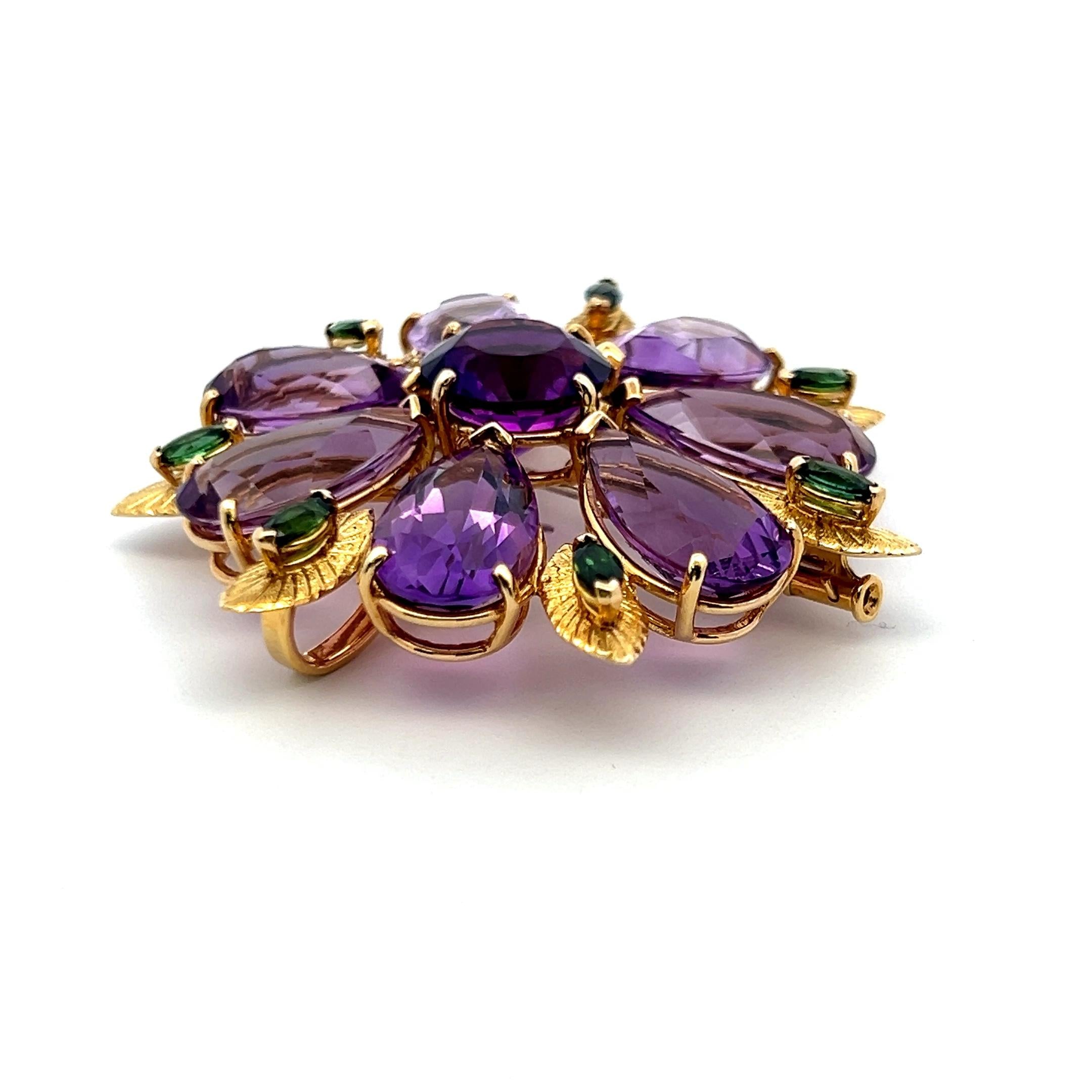 Vintage 18K Yellow Gold Pin Brooch with 50ct Amethyst and 1.4ct Tourmaline