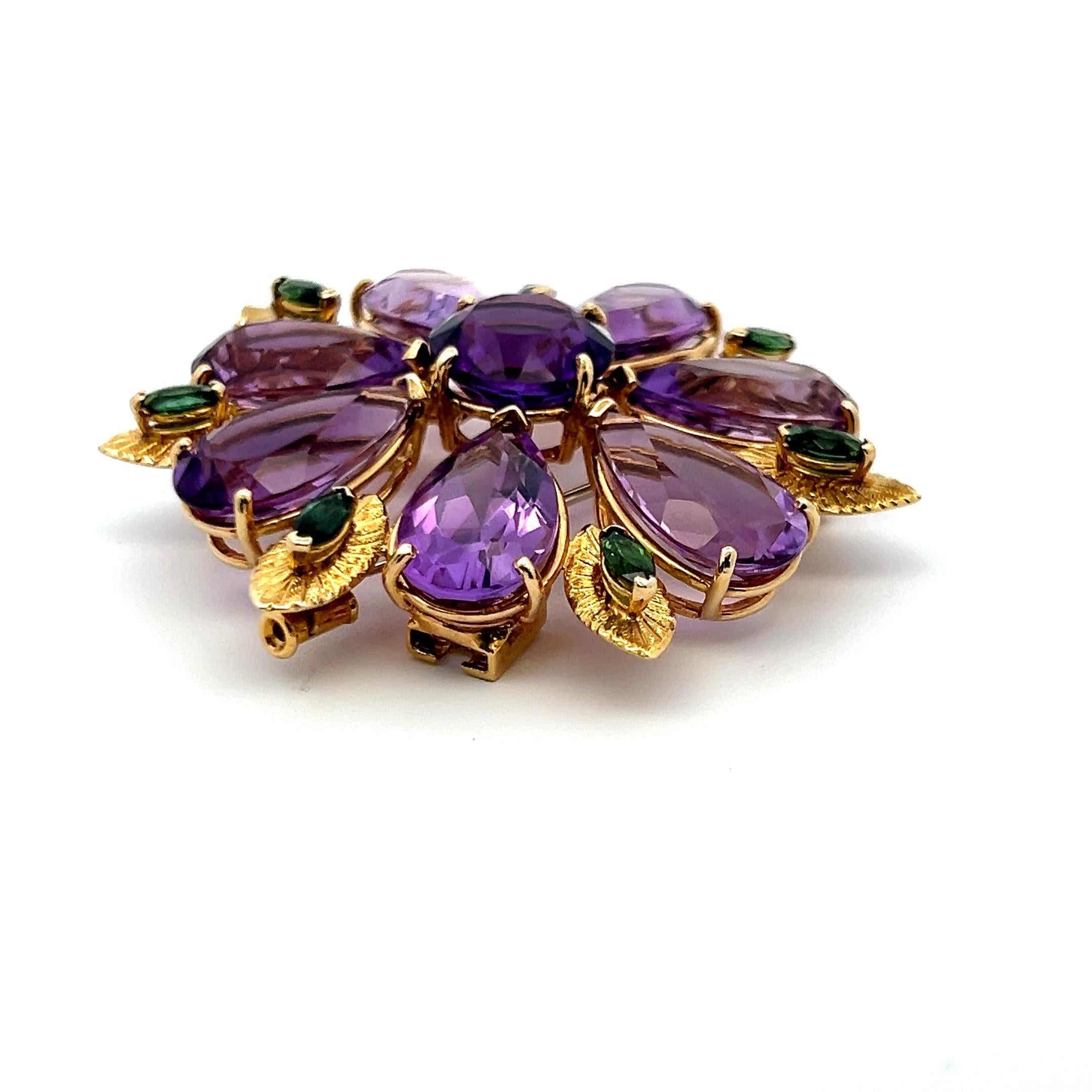 Vintage 18K Yellow Gold Pin Brooch with 50ct Amethyst and 1.4ct Tourmaline
