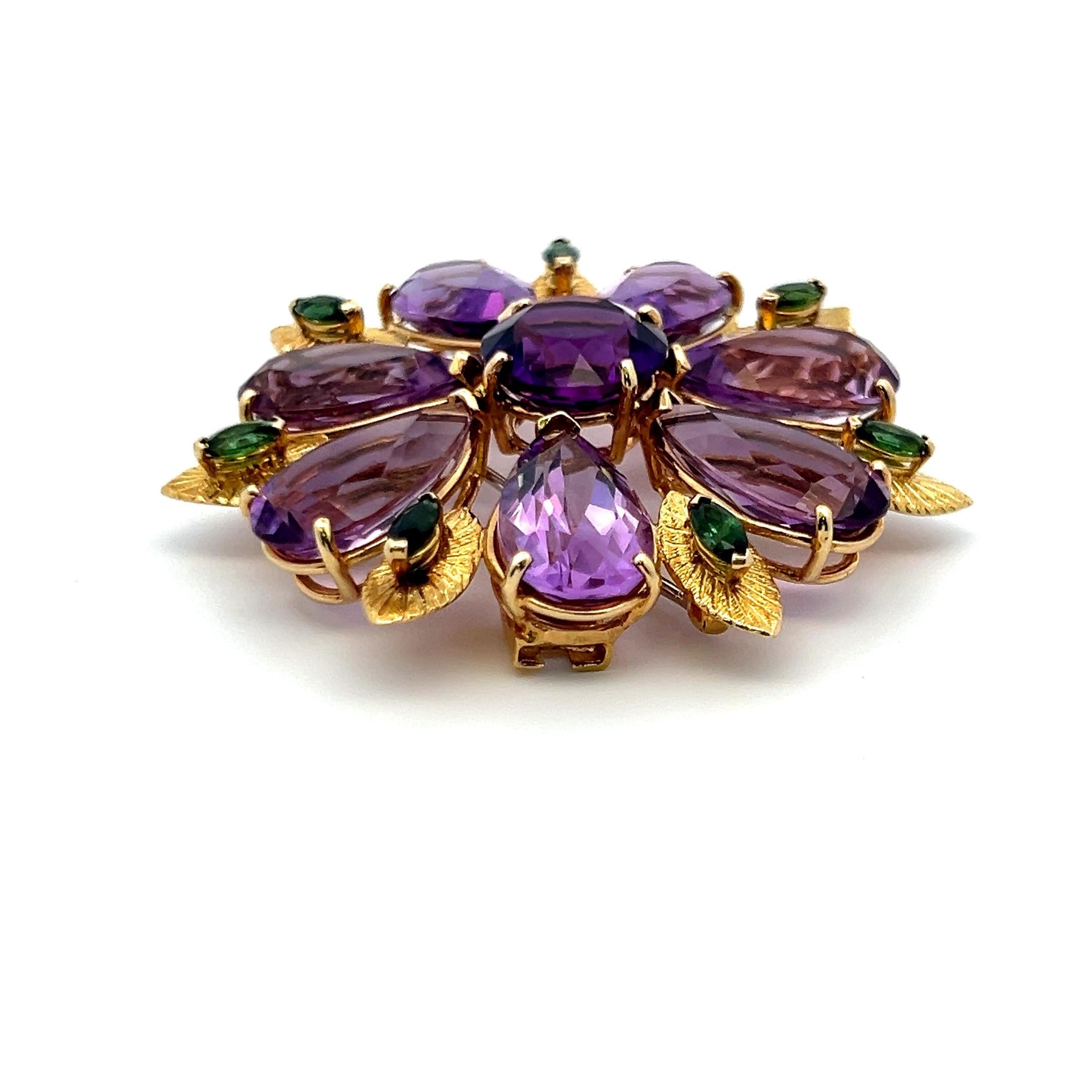 Vintage 18K Yellow Gold Pin Brooch with 50ct Amethyst and 1.4ct Tourmaline
