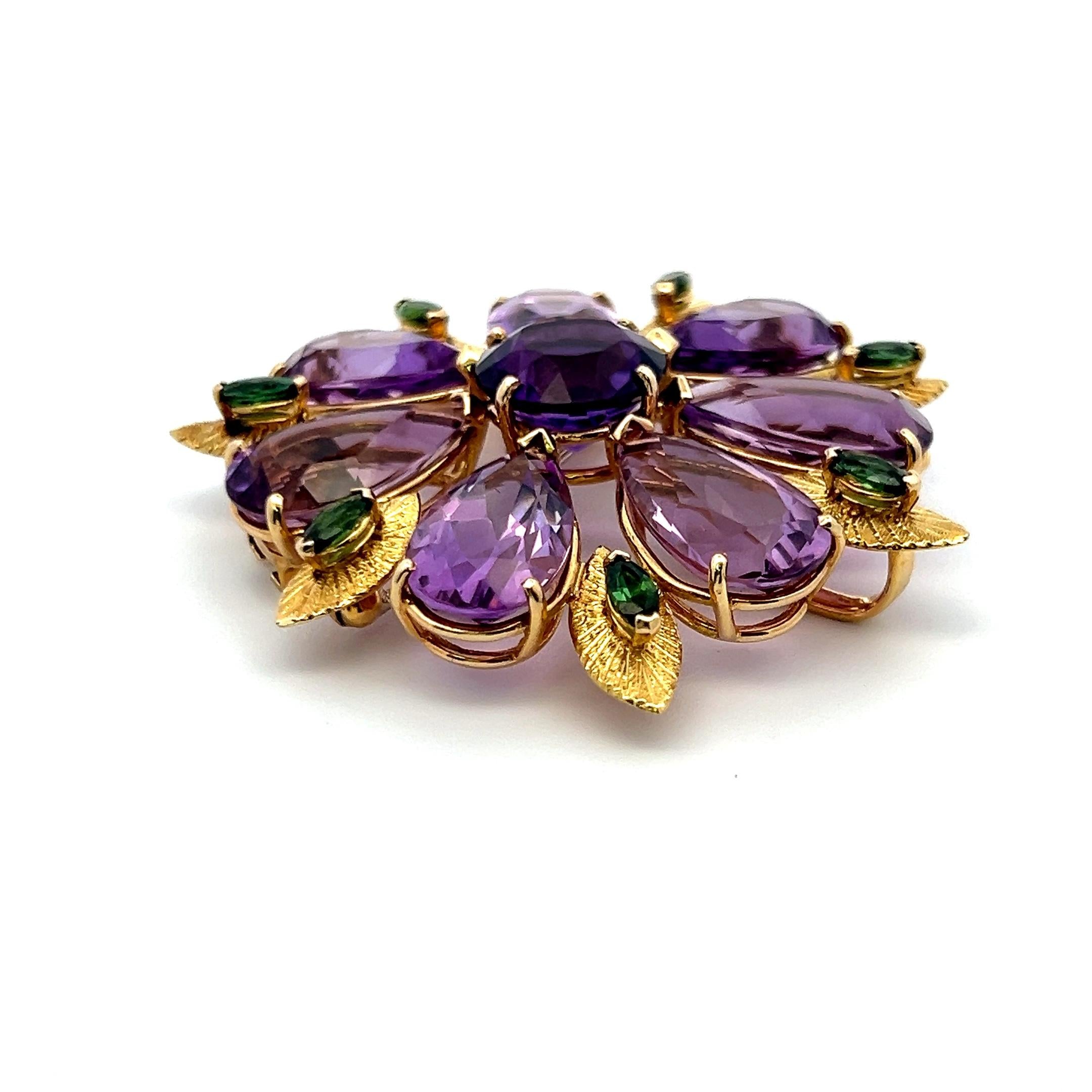 Vintage 18K Yellow Gold Pin Brooch with 50ct Amethyst and 1.4ct Tourmaline