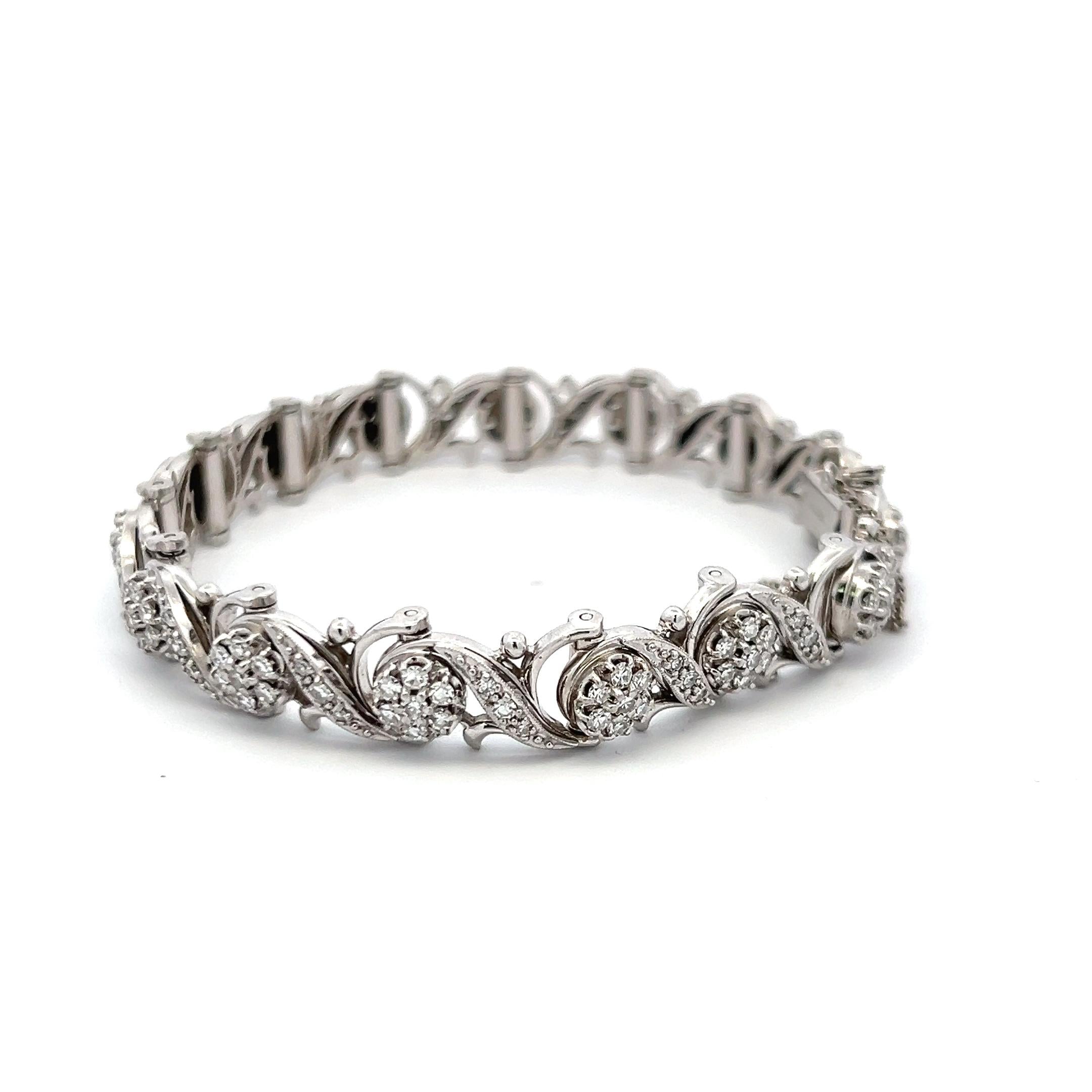 Vintage 14K White Gold Link Bracelet with 3.31 Carat Round I-VS1 Diamonds 7inch