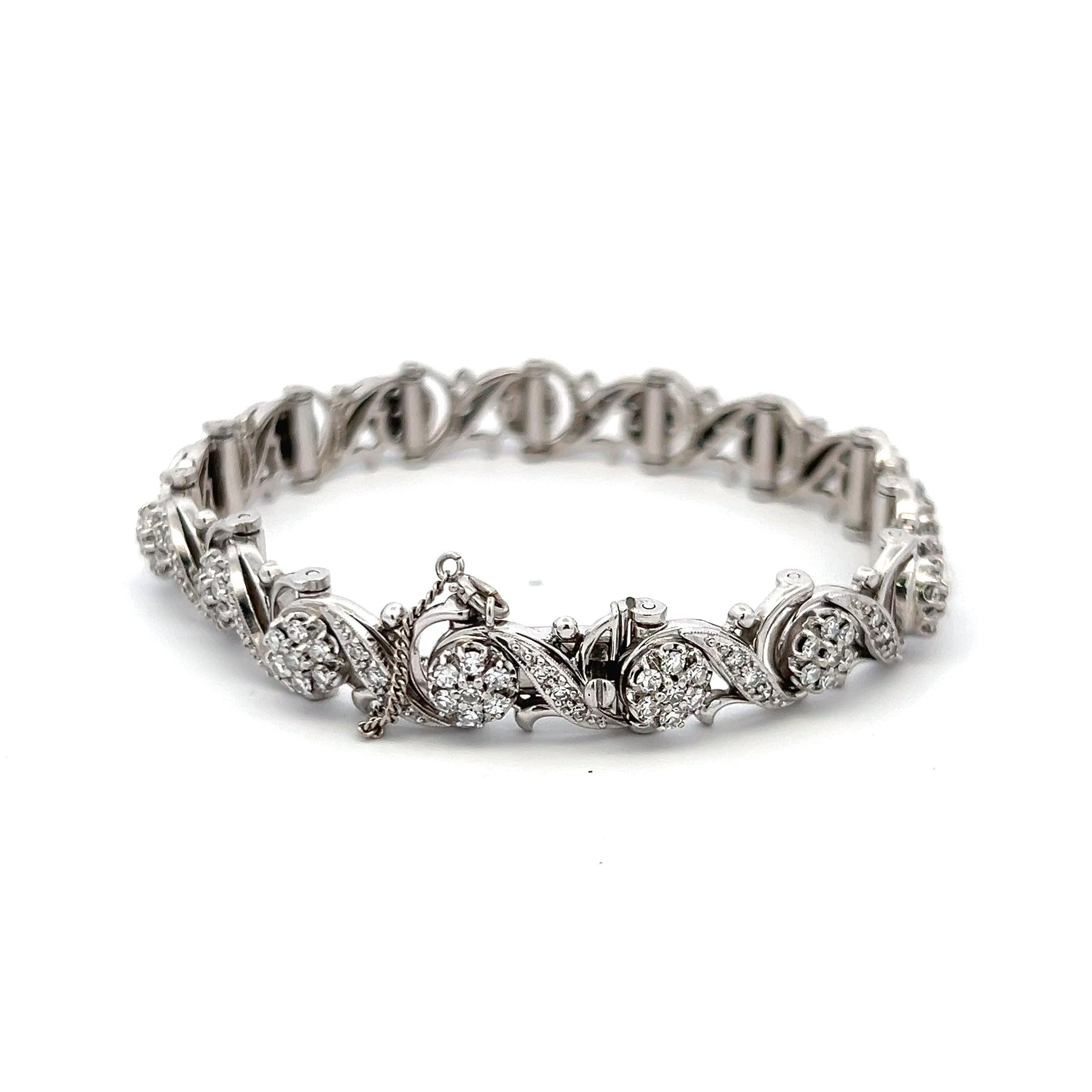 Vintage 14K White Gold Link Bracelet with 3.31 Carat Round I-VS1 Diamonds 7inch