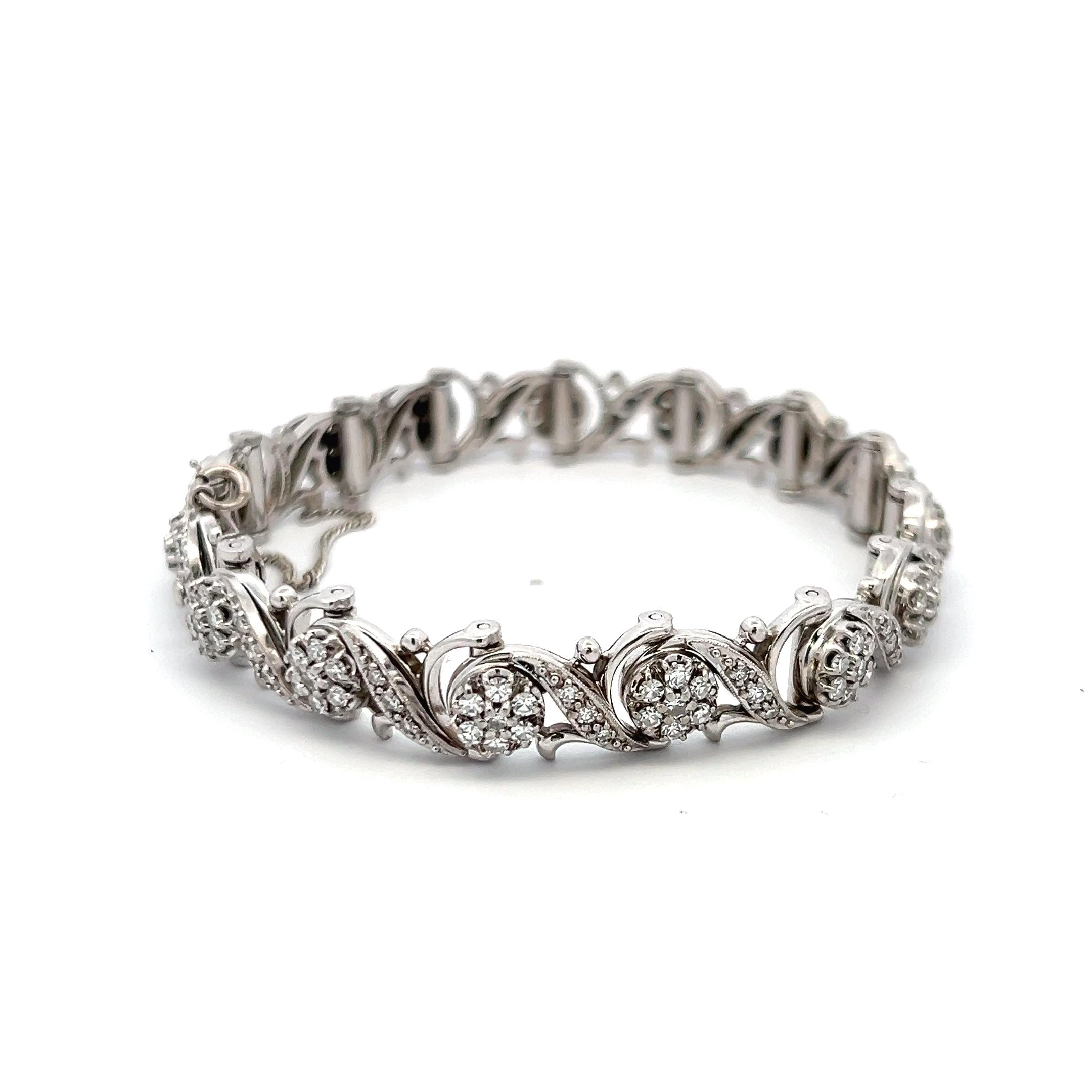 Vintage 14K White Gold Link Bracelet with 3.31 Carat Round I-VS1 Diamonds 7inch