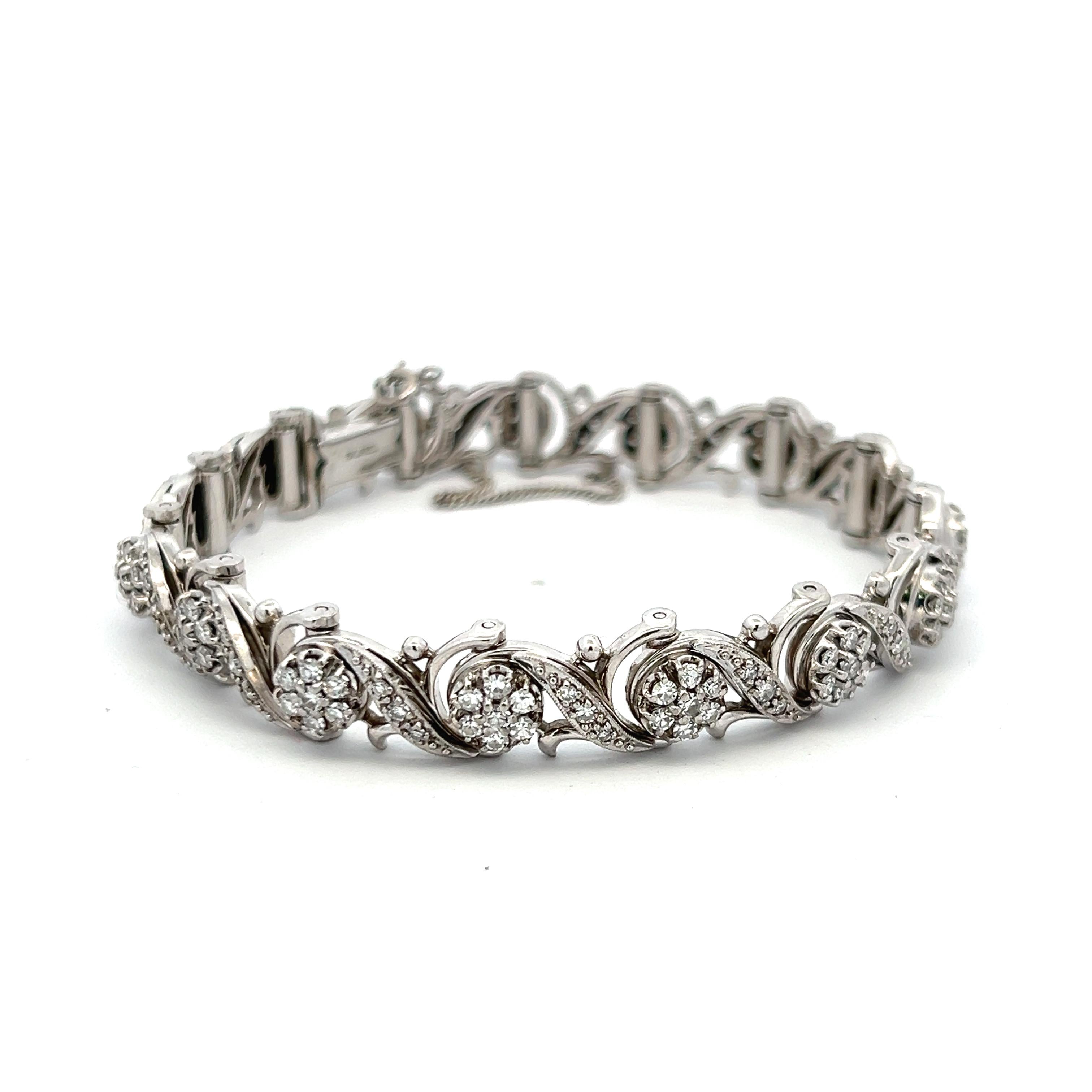 Vintage 14K White Gold Link Bracelet with 3.31 Carat Round I-VS1 Diamonds 7inch