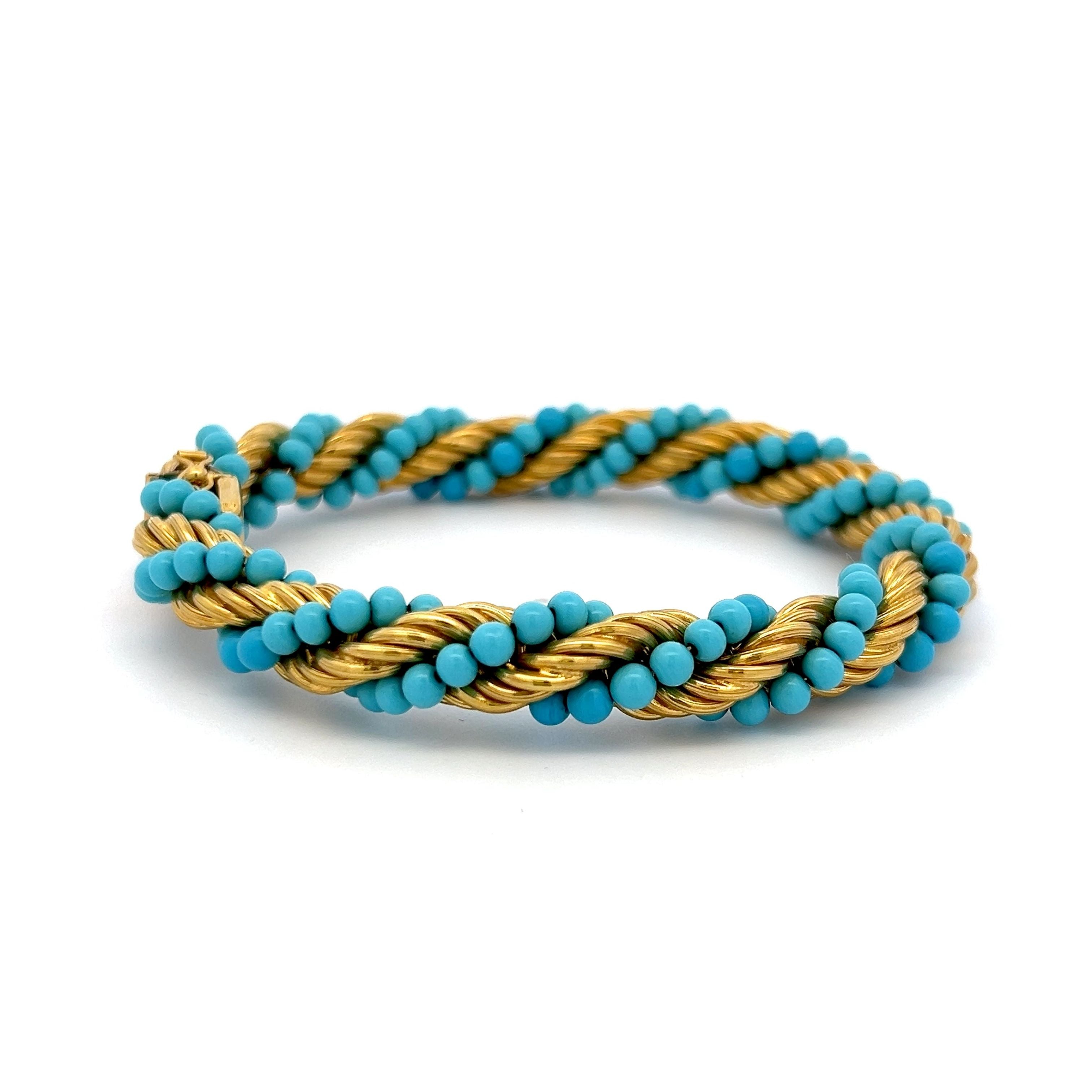 Vintage 25.50 Grams Turquoise 18 Karat Yellow Gold Bead Bracelet