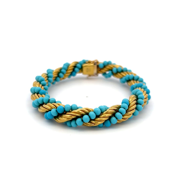 Vintage 25.50 Grams Turquoise 18 Karat Yellow Gold Bead Bracelet