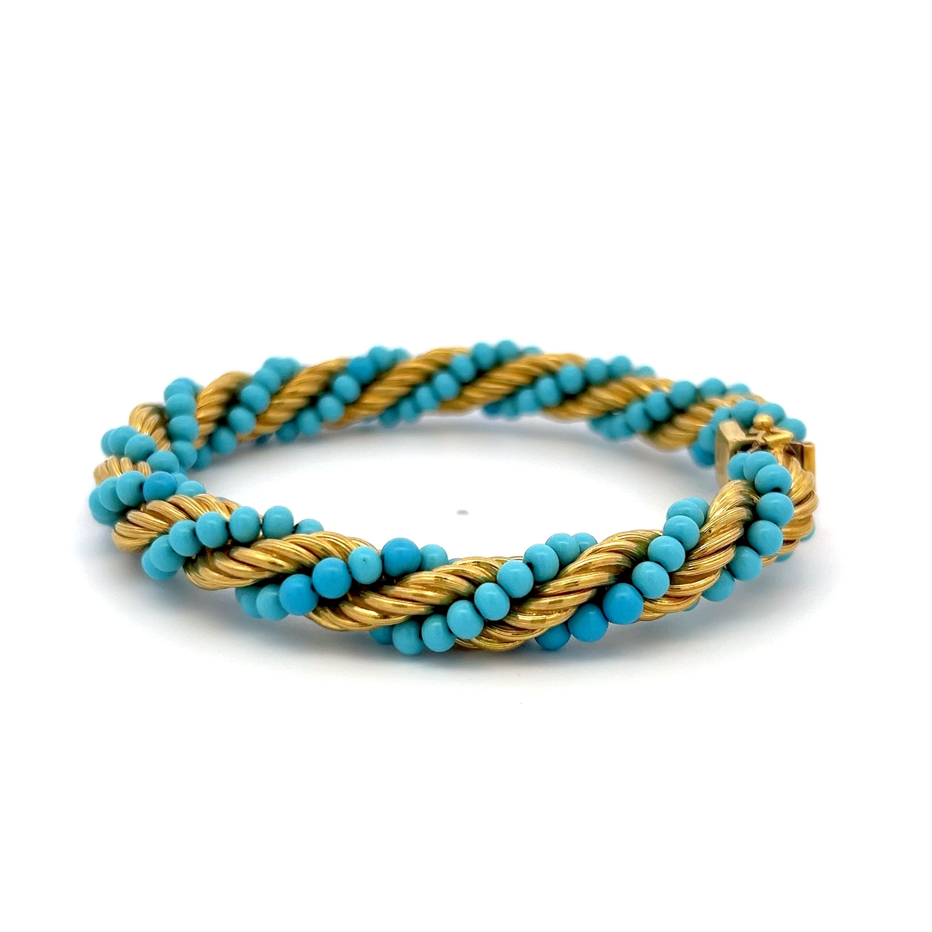 Vintage 25.50 Grams Turquoise 18 Karat Yellow Gold Bead Bracelet