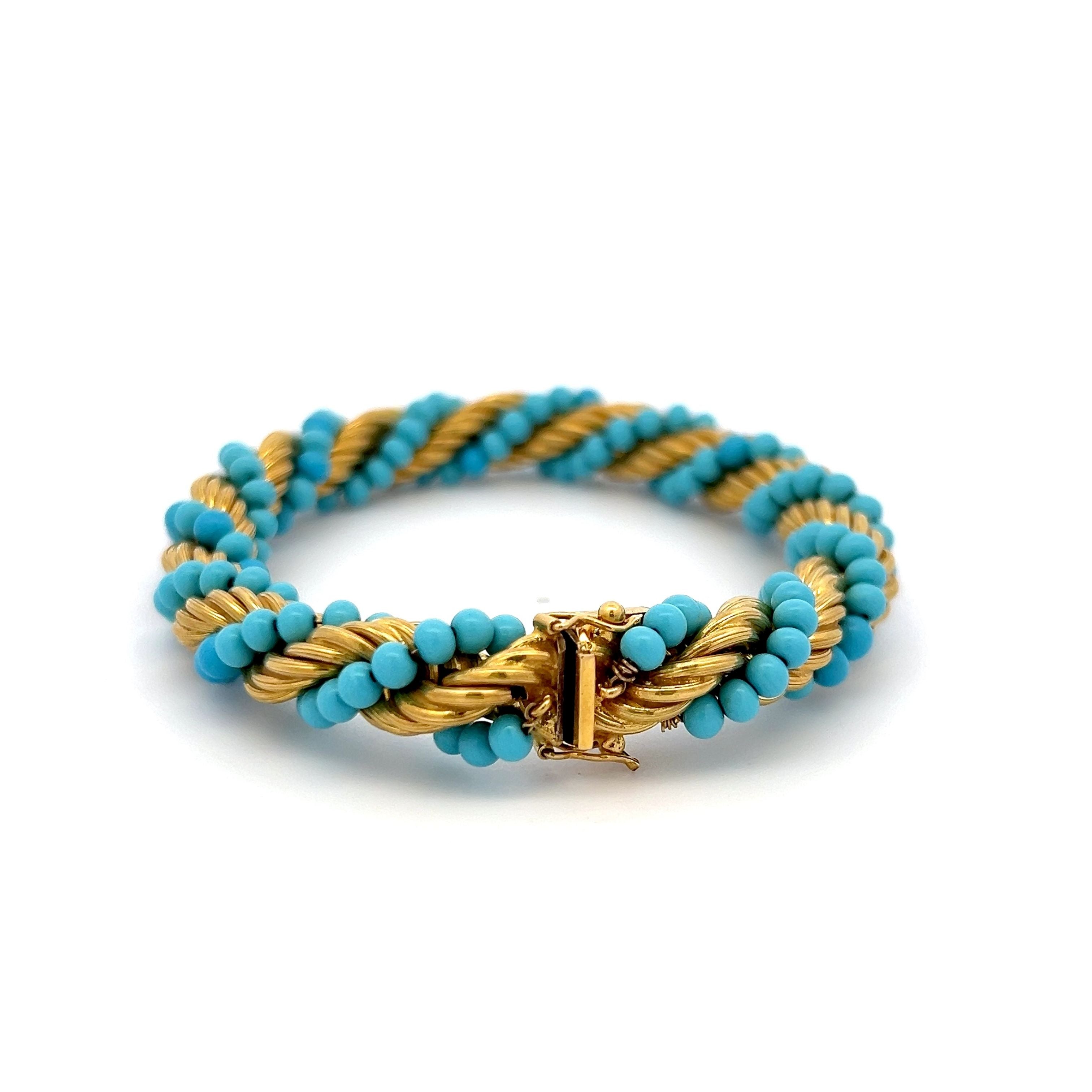 Vintage 25.50 Grams Turquoise 18 Karat Yellow Gold Bead Bracelet