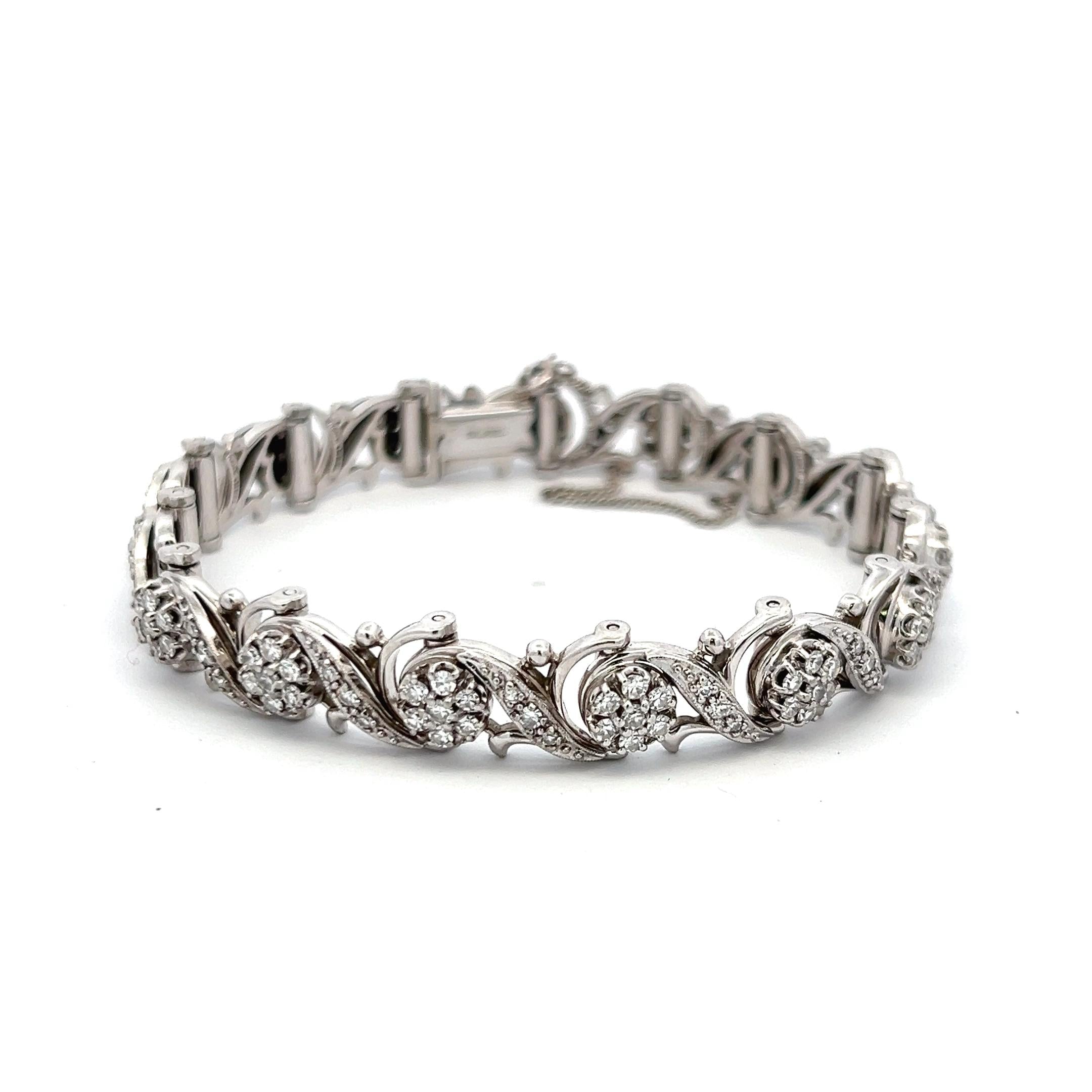 Vintage 14K White Gold Link Bracelet with 3.31 Carat Round I-VS1 Diamonds 7inch