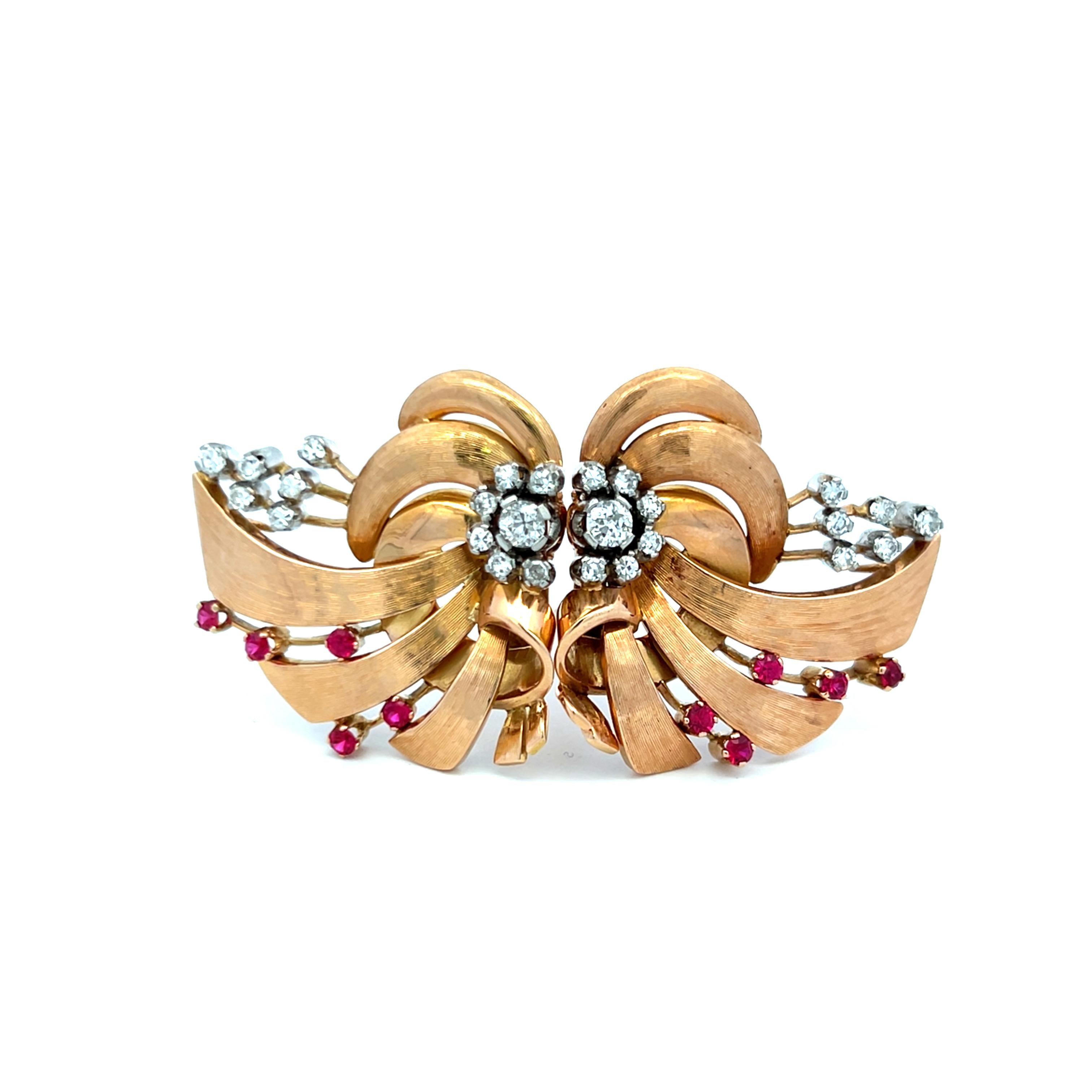 Vintage 1.70ct Diamond & Ruby 18K Rose Gold Retro Ribbon Pin Brooch