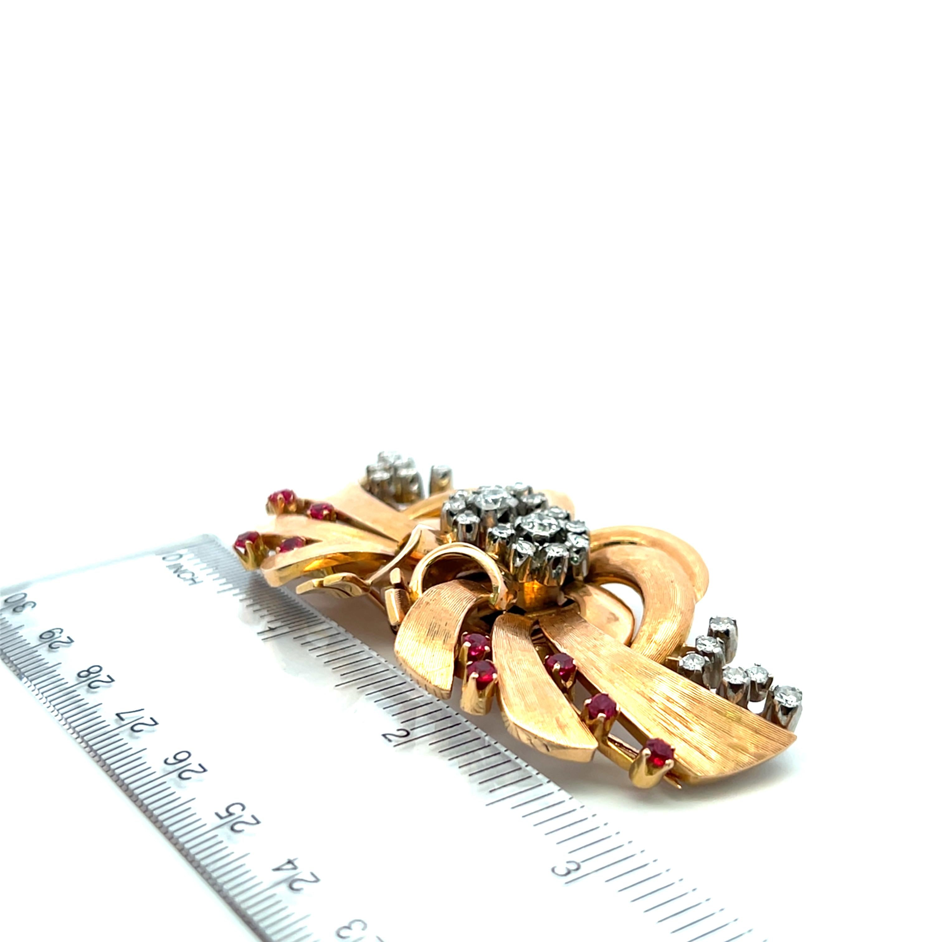 Vintage 1.70ct Diamond & Ruby 18K Rose Gold Retro Ribbon Pin Brooch