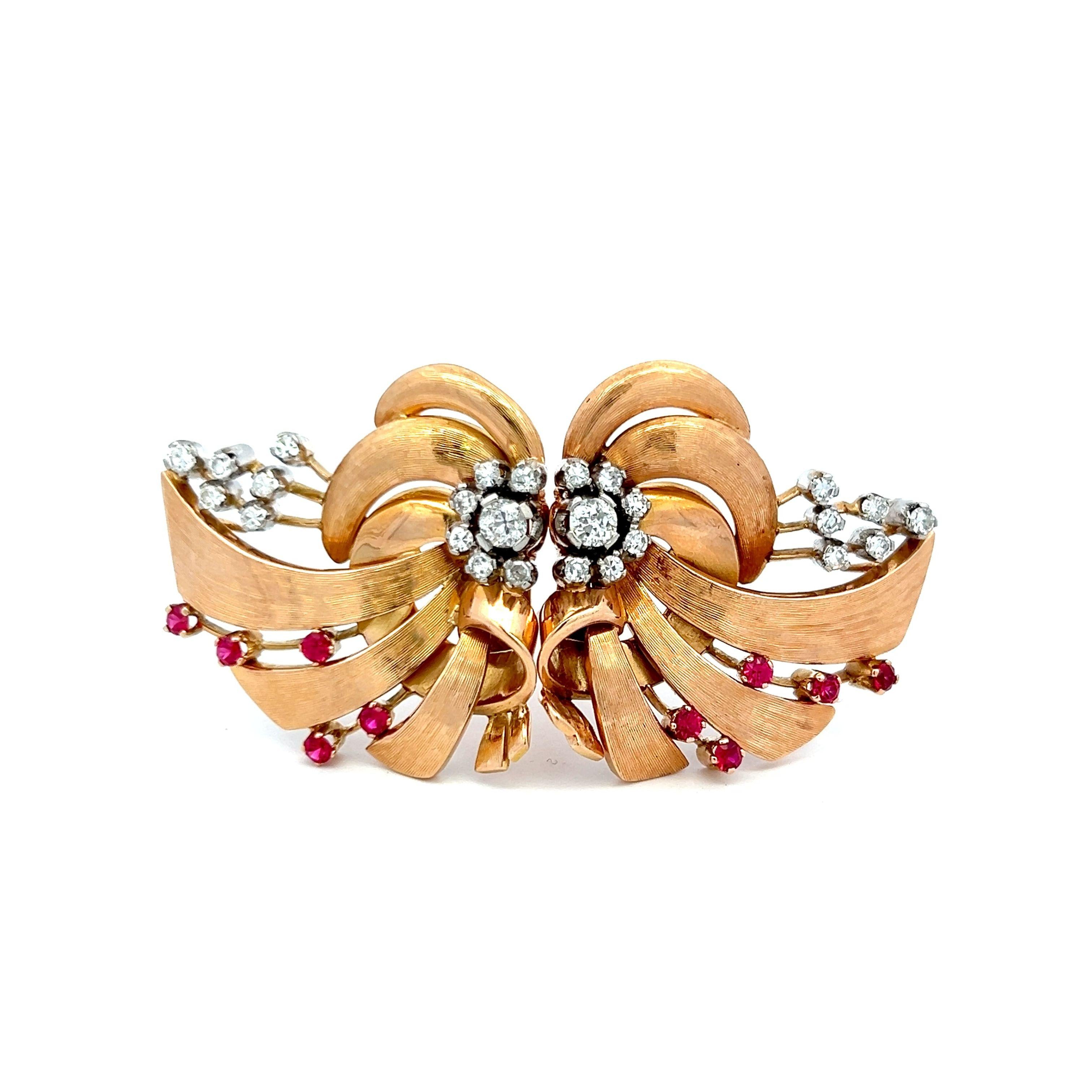 Vintage 1.70ct Diamond & Ruby 18K Rose Gold Retro Ribbon Pin Brooch