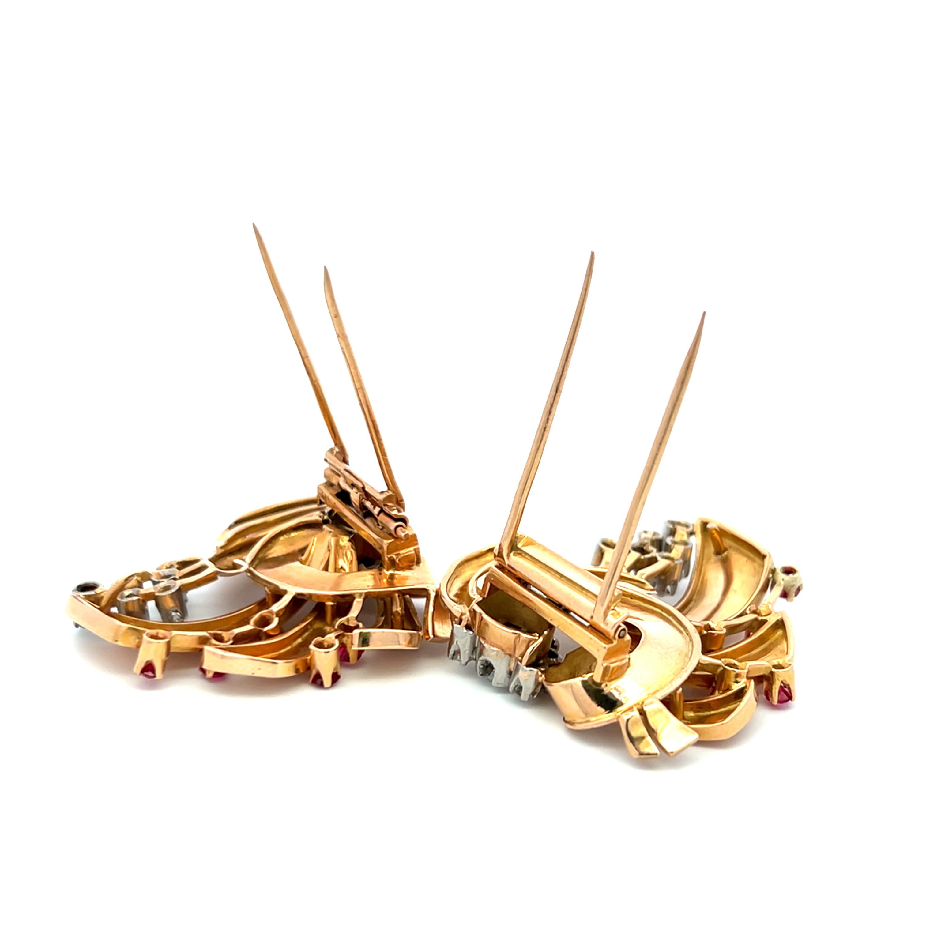 Vintage 1.70ct Diamond & Ruby 18K Rose Gold Retro Ribbon Pin Brooch