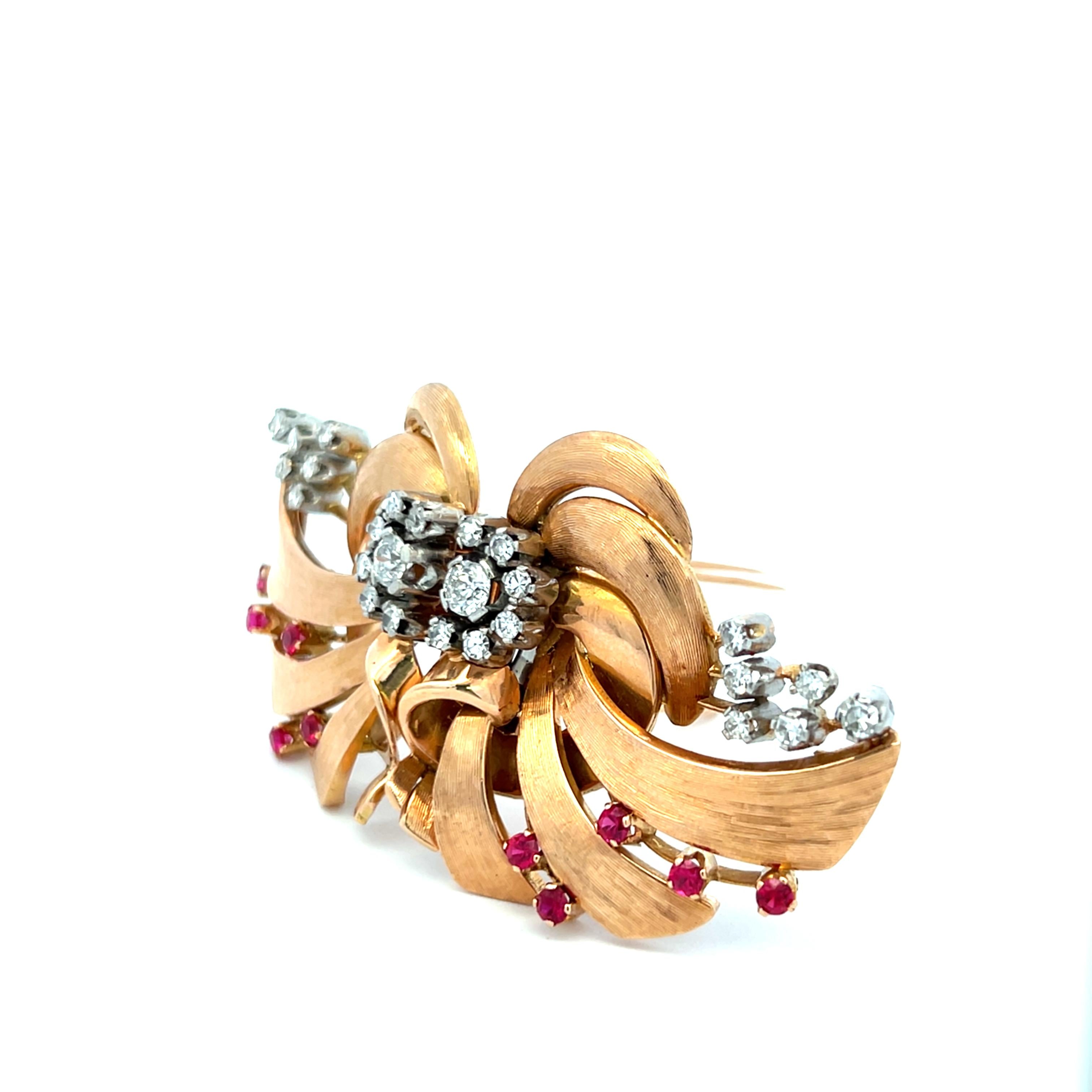 Vintage 1.70ct Diamond & Ruby 18K Rose Gold Retro Ribbon Pin Brooch