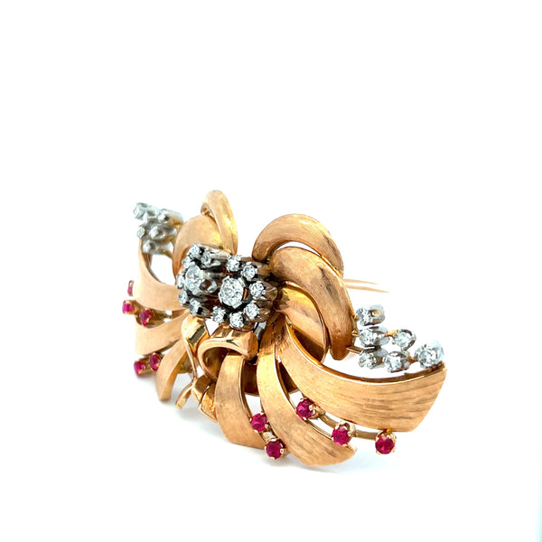 Vintage 1.70ct Diamond & Ruby 18K Rose Gold Retro Ribbon Pin Brooch